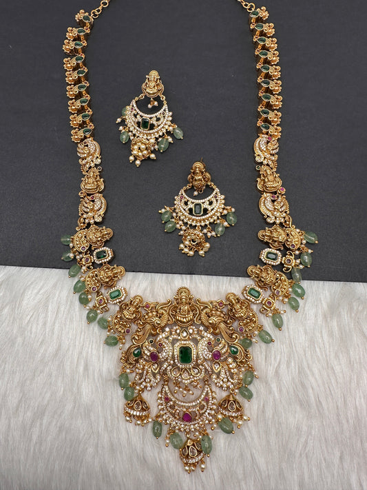 Goddess Lakshmi One Gram Gold Platted Nakshi Long Necklace with Chandbali