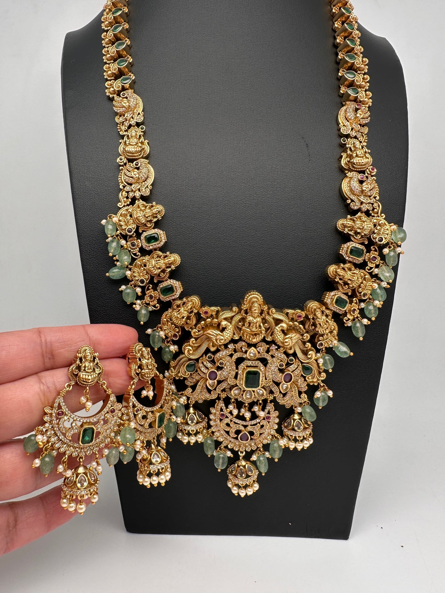 Goddess Lakshmi One Gram Gold Platted Nakshi Long Necklace with Chandbali