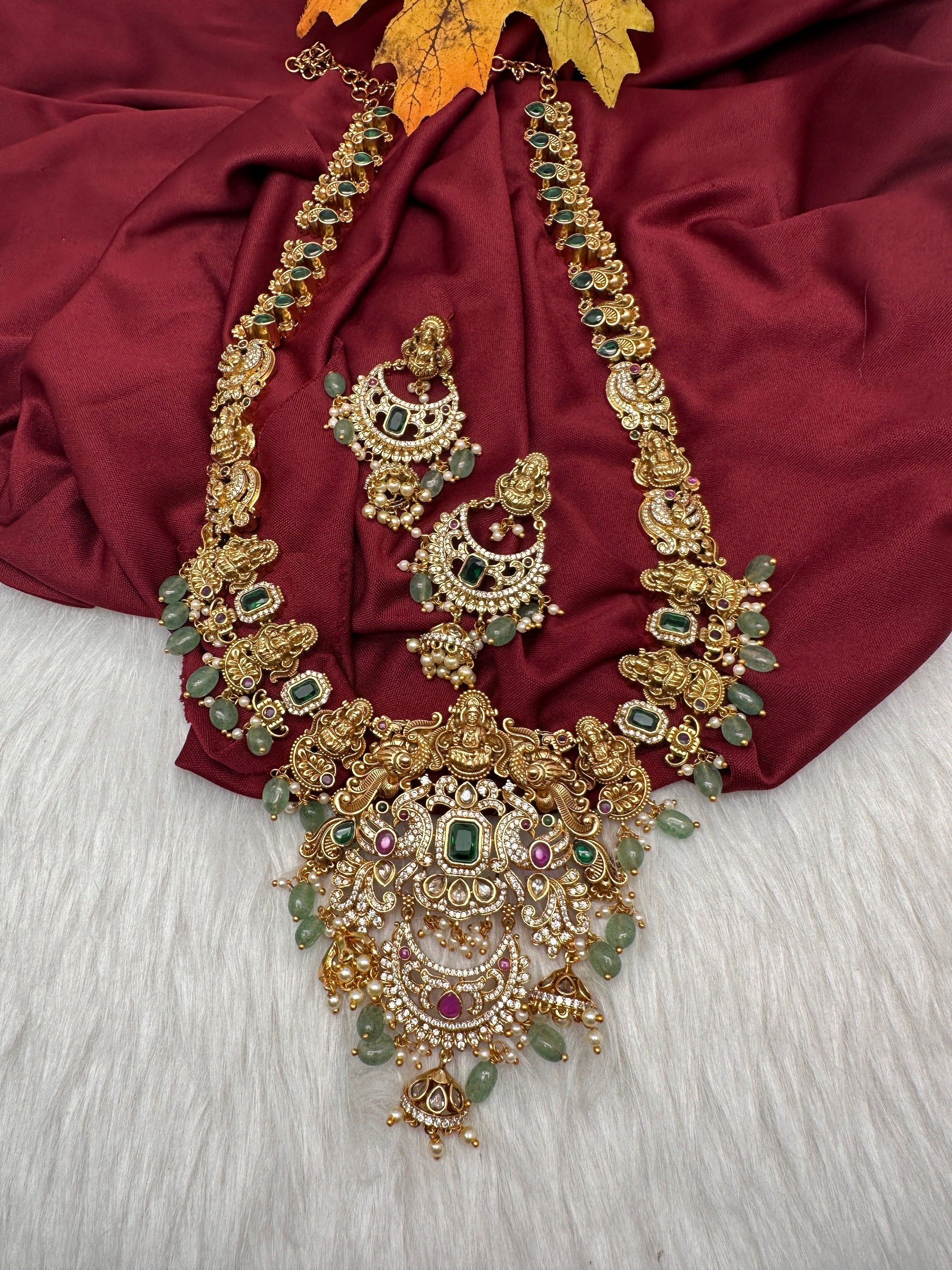 Goddess Lakshmi One Gram Gold Platted Nakshi Long Necklace with Chandbali