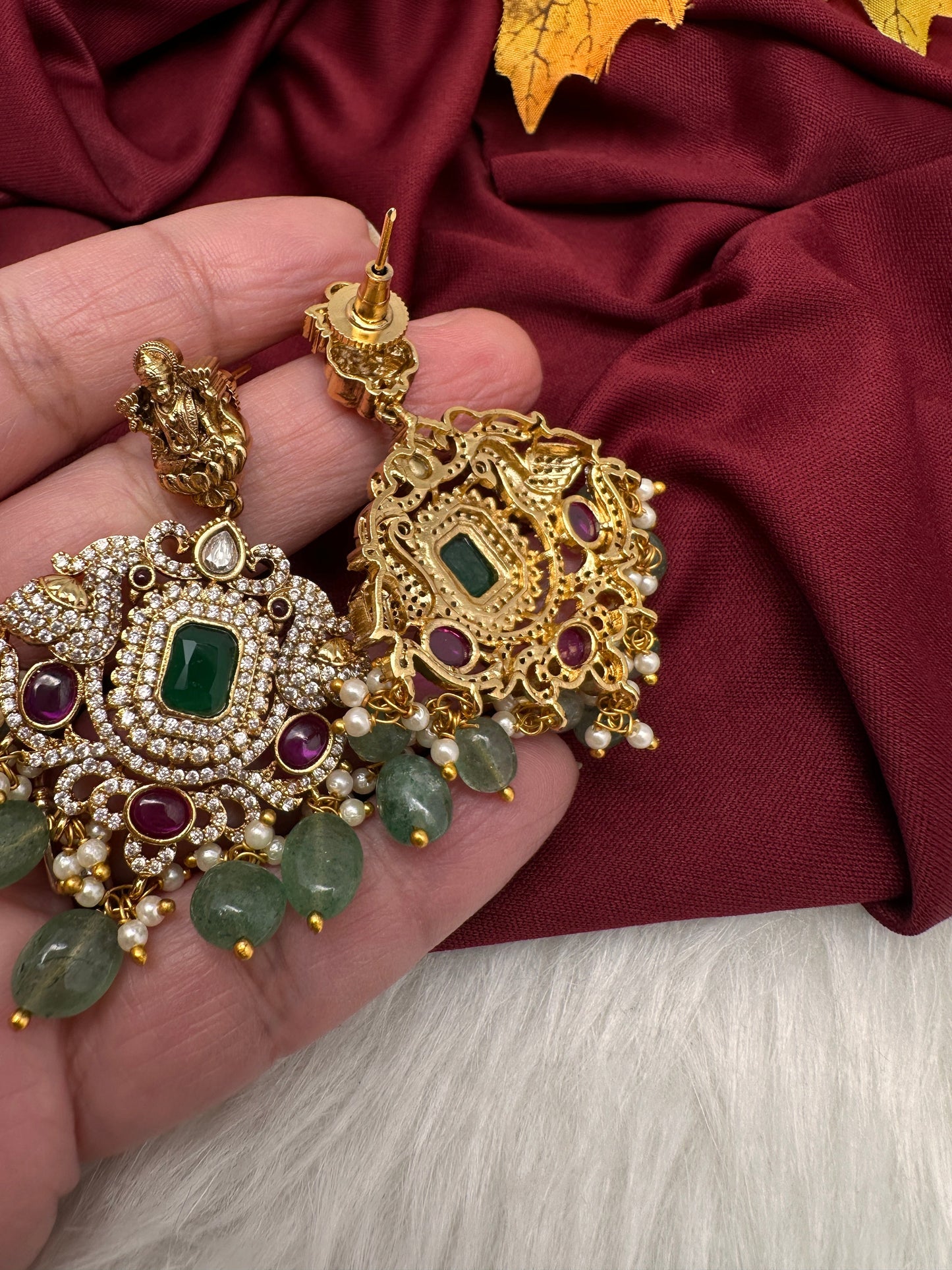 Goddess Lakshmi One Gram Gold Platted Nakshi Short Necklace with Emerald  Beads