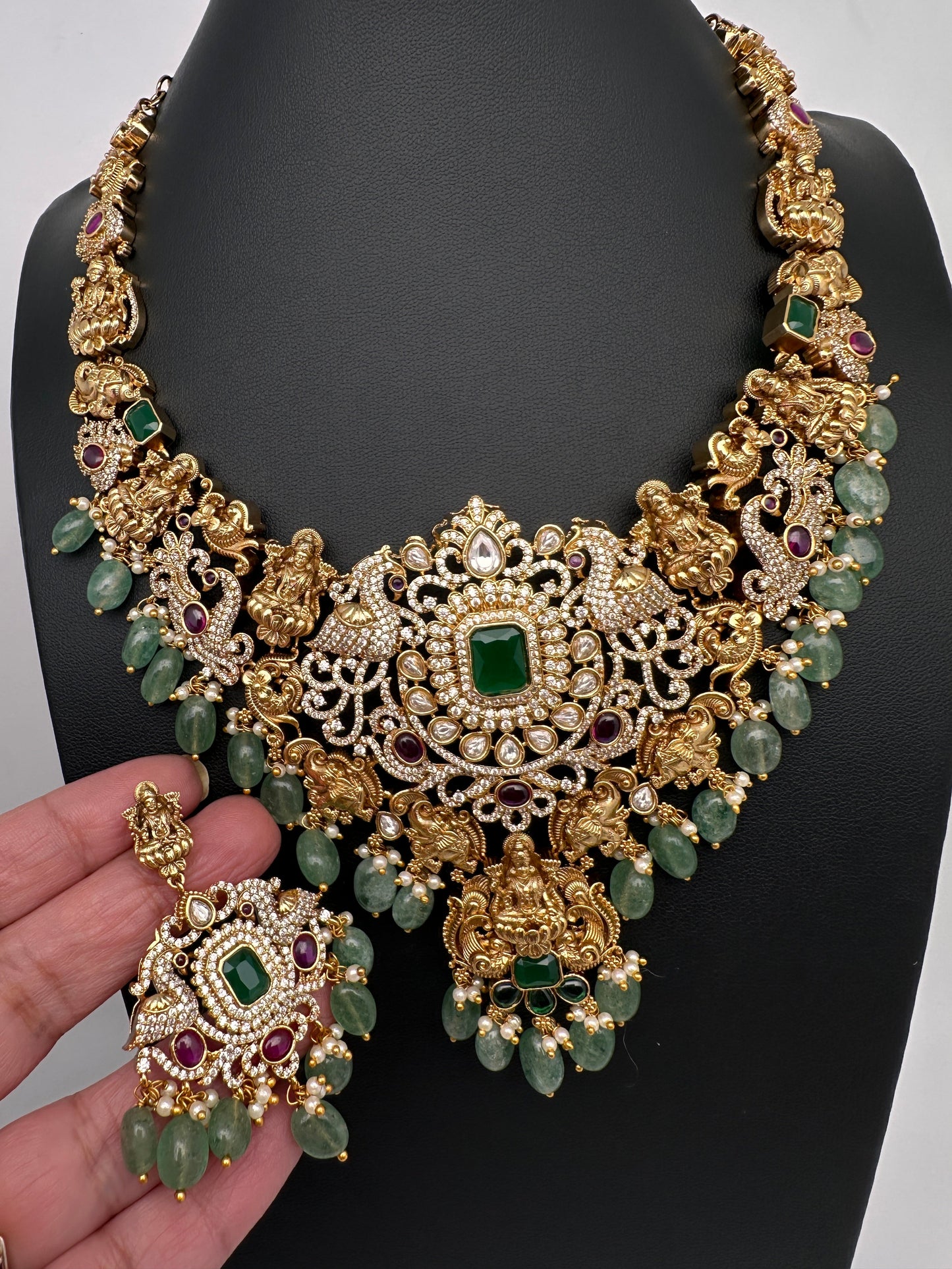 Goddess Lakshmi One Gram Gold Platted Nakshi Short Necklace with Emerald  Beads
