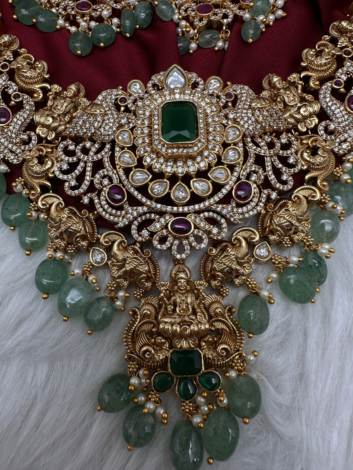 Goddess Lakshmi One Gram Gold Platted Nakshi Short Necklace with Emerald  Beads