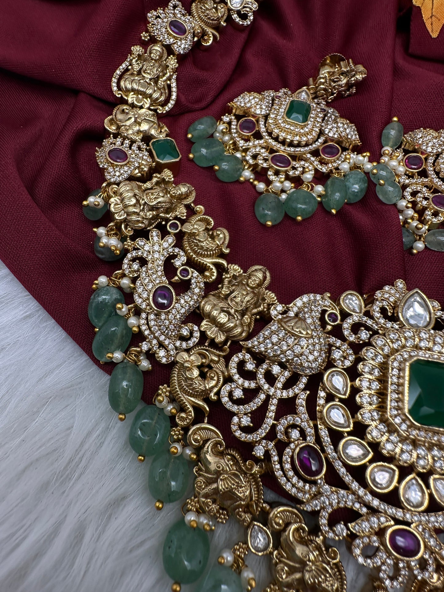 Goddess Lakshmi One Gram Gold Platted Nakshi Short Necklace with Emerald  Beads