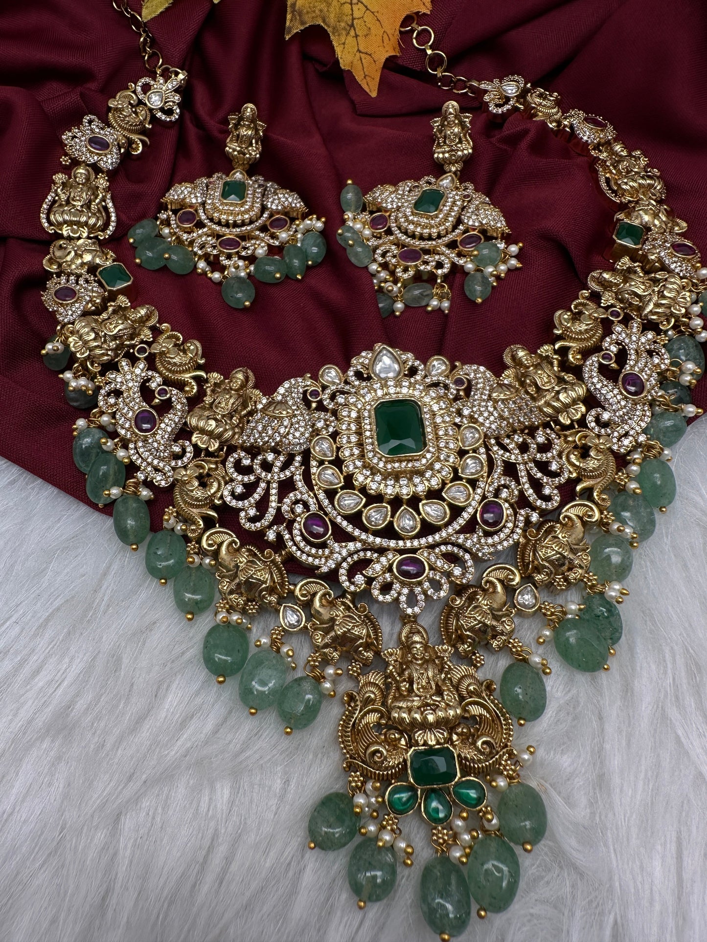Goddess Lakshmi One Gram Gold Platted Nakshi Short Necklace with Emerald  Beads