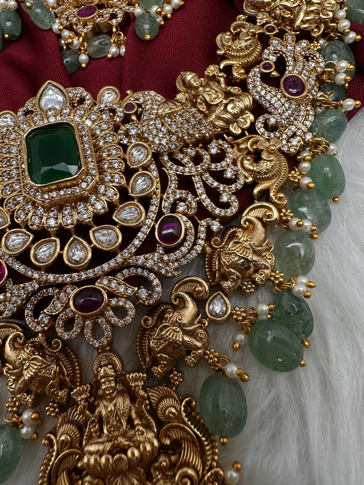 Goddess Lakshmi One Gram Gold Platted Nakshi Short Necklace with Emerald  Beads