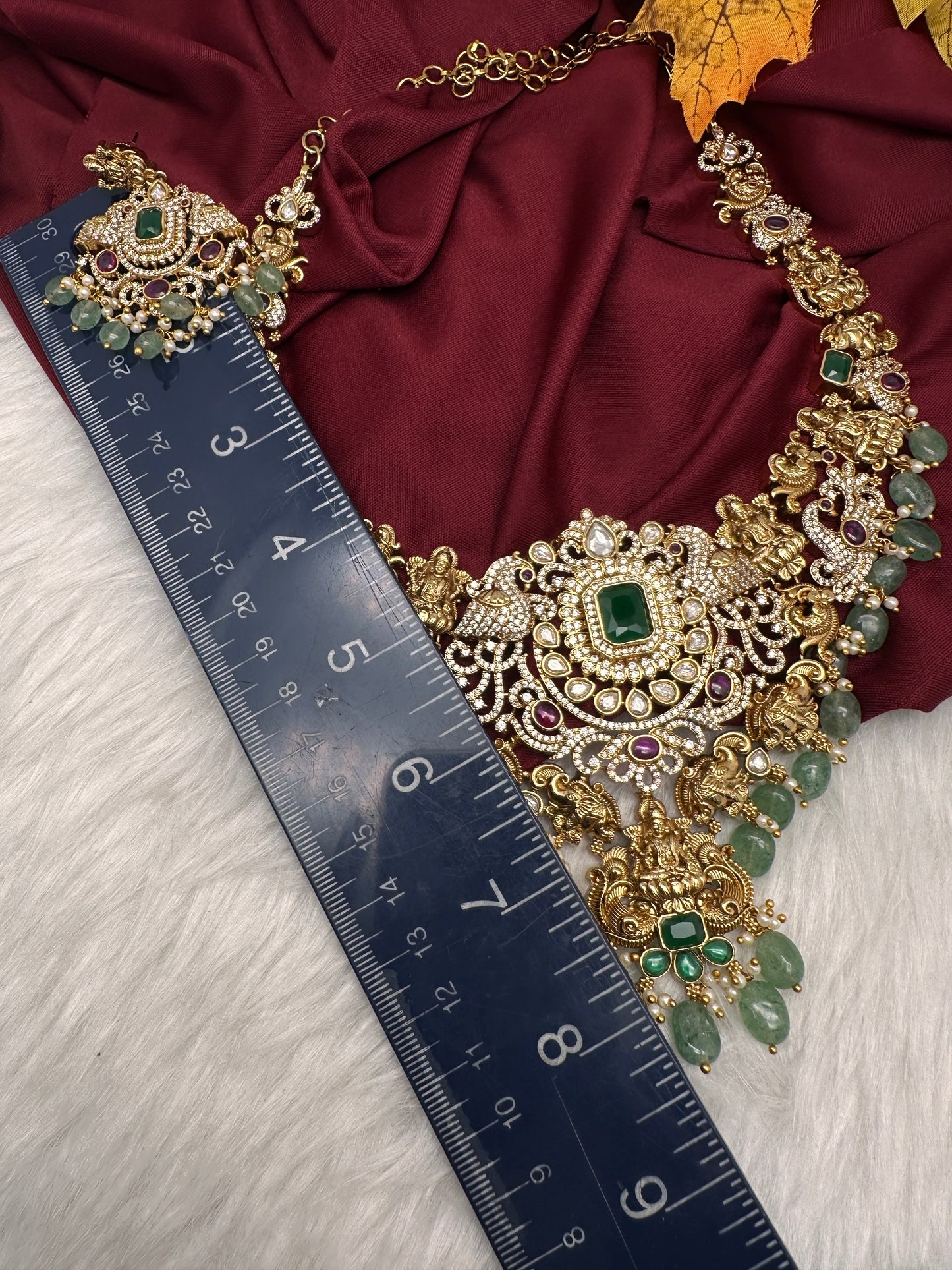 Goddess Lakshmi One Gram Gold Platted Nakshi Short Necklace with Emerald  Beads