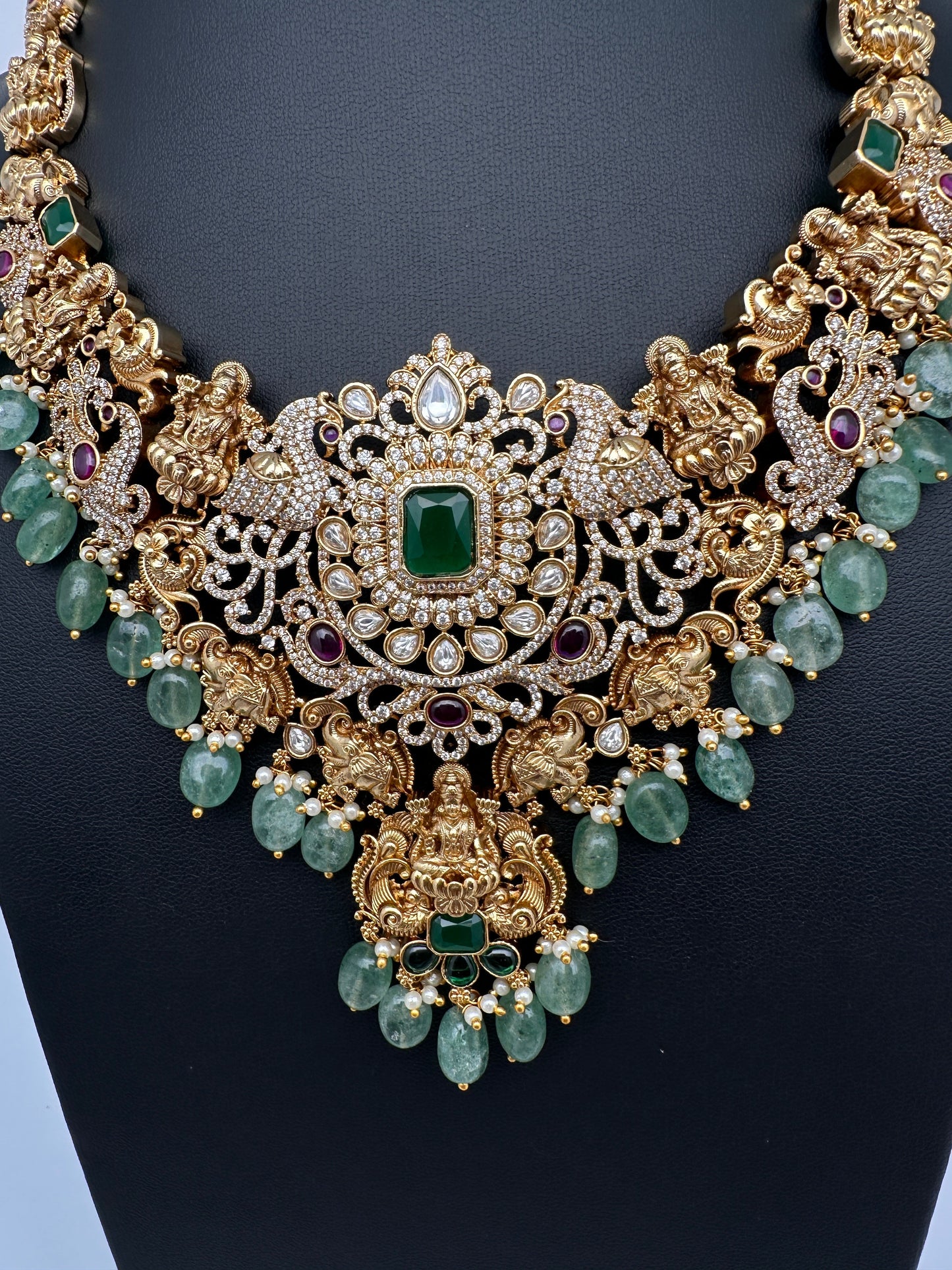 Goddess Lakshmi One Gram Gold Platted Nakshi Short Necklace with Emerald  Beads