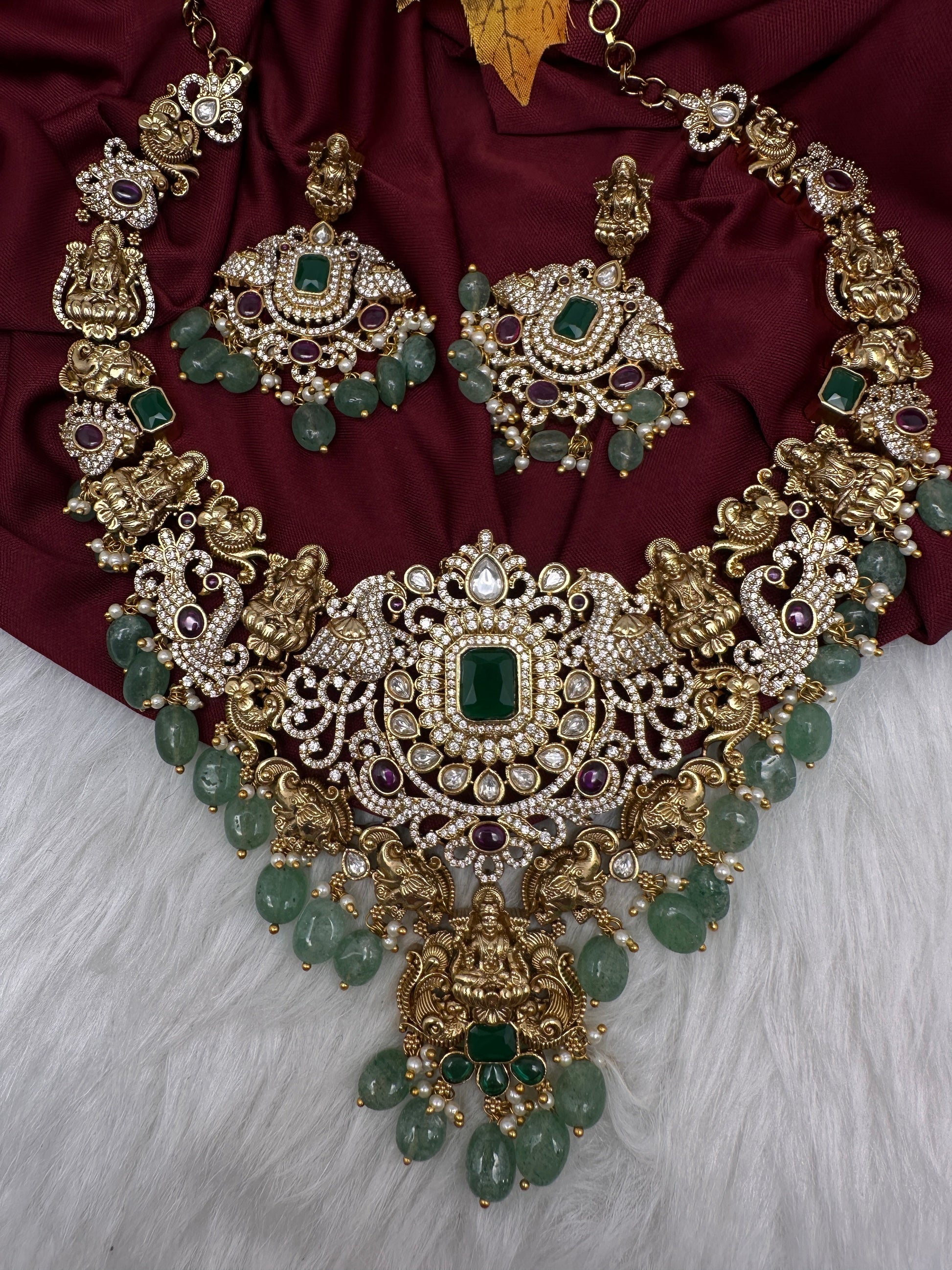 Goddess Lakshmi One Gram Gold Platted Nakshi Short Necklace with Emerald  Beads