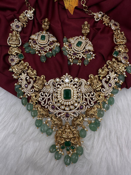 Goddess Lakshmi One Gram Gold Platted Nakshi Short Necklace with Emerald  Beads