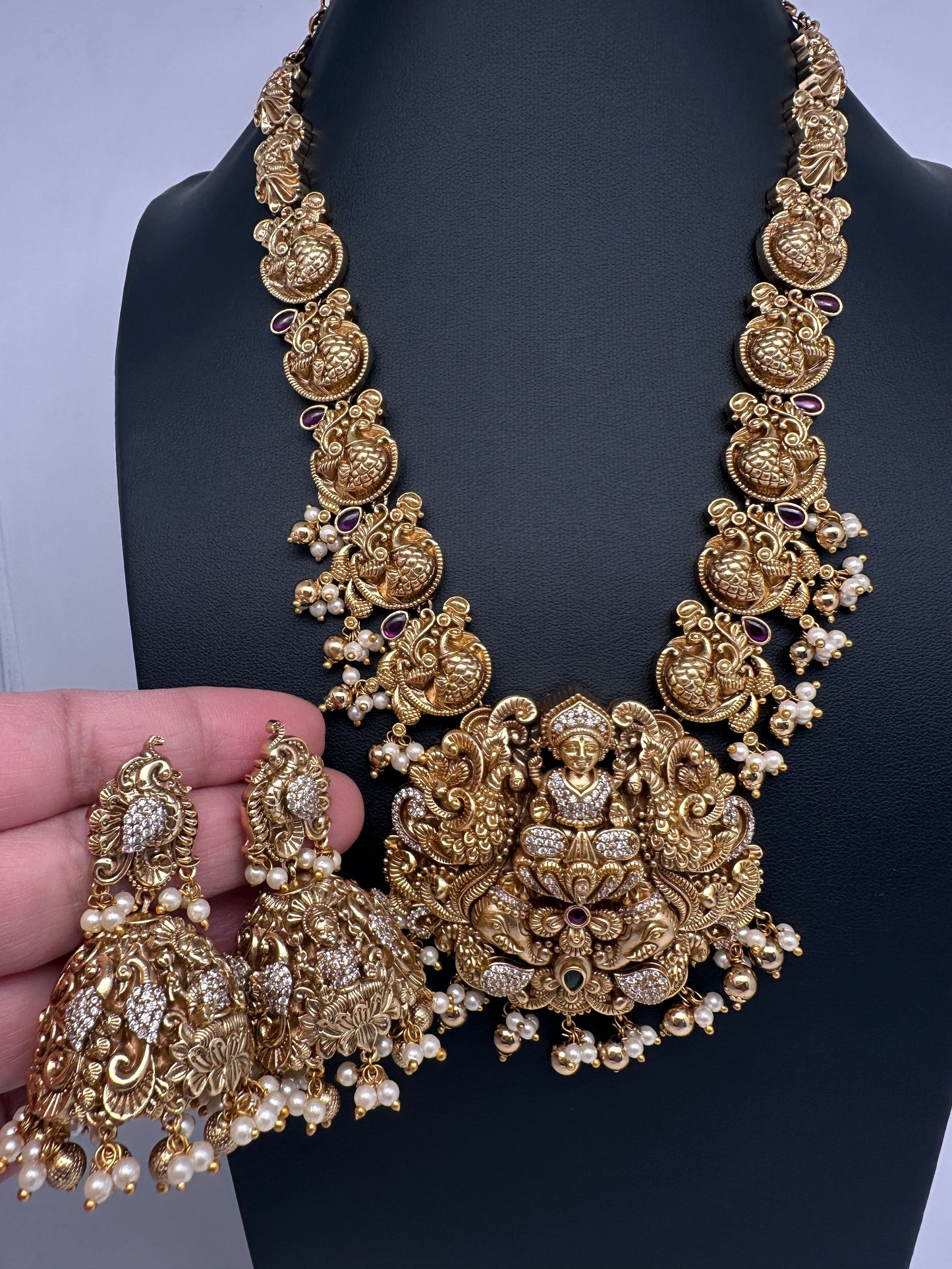 Peacock Goddess Lakshmi Matte Antique Nakshi Short Necklace with jhumkas