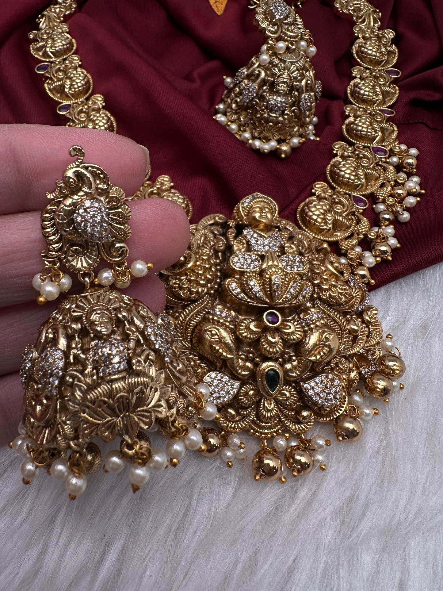 Peacock Goddess Lakshmi Matte Antique Nakshi Short Necklace with jhumkas