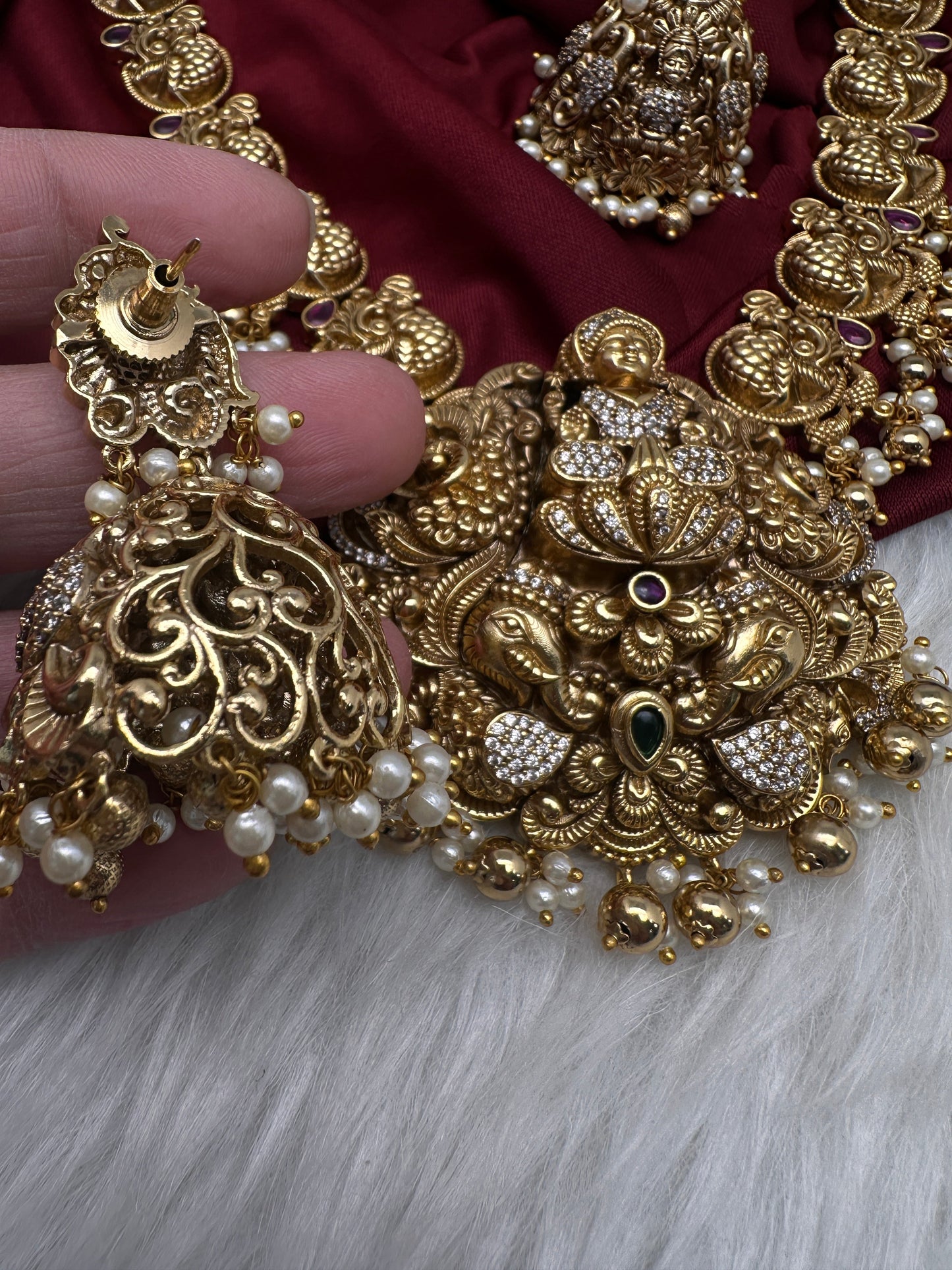 Peacock Goddess Lakshmi Matte Antique Nakshi Short Necklace with jhumkas