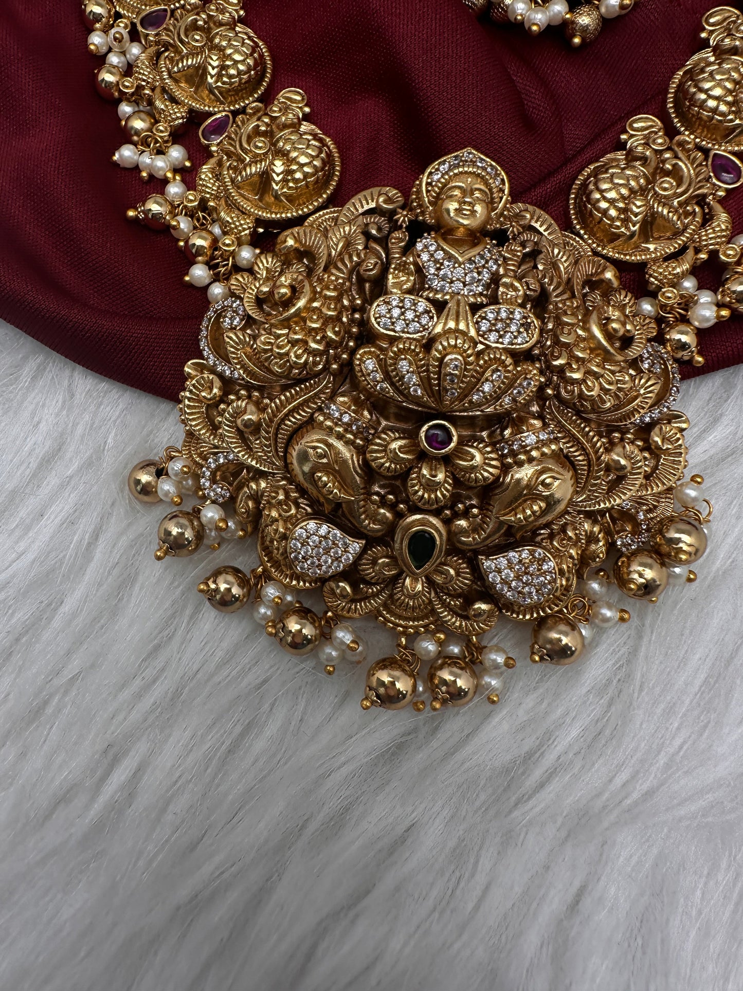 Peacock Goddess Lakshmi Matte Antique Nakshi Short Necklace with jhumkas