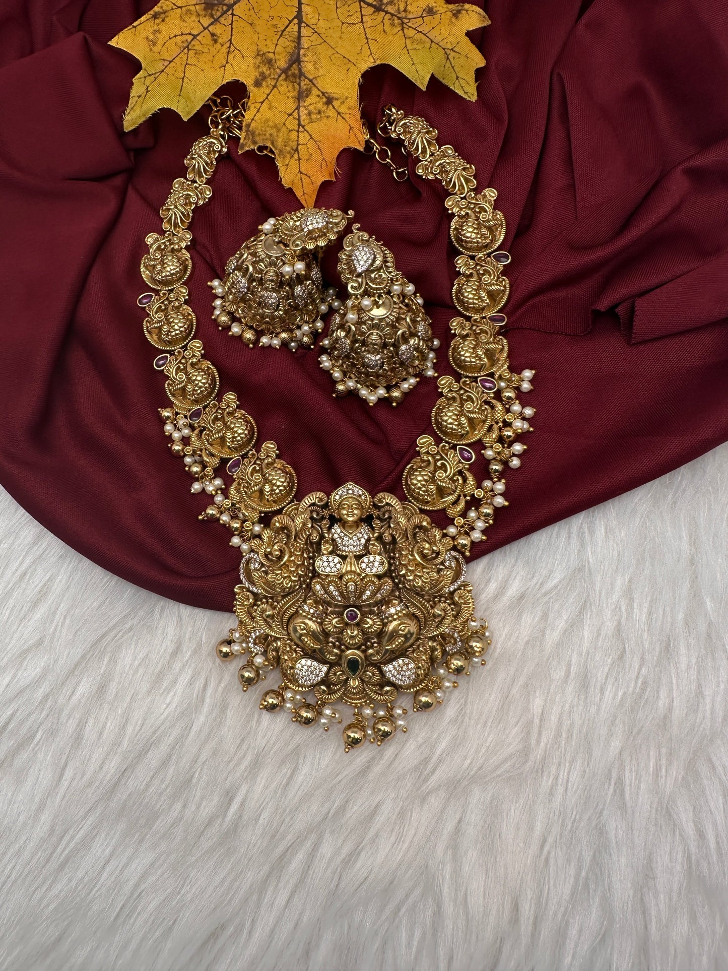 Peacock Goddess Lakshmi Matte Antique Nakshi Short Necklace with jhumkas