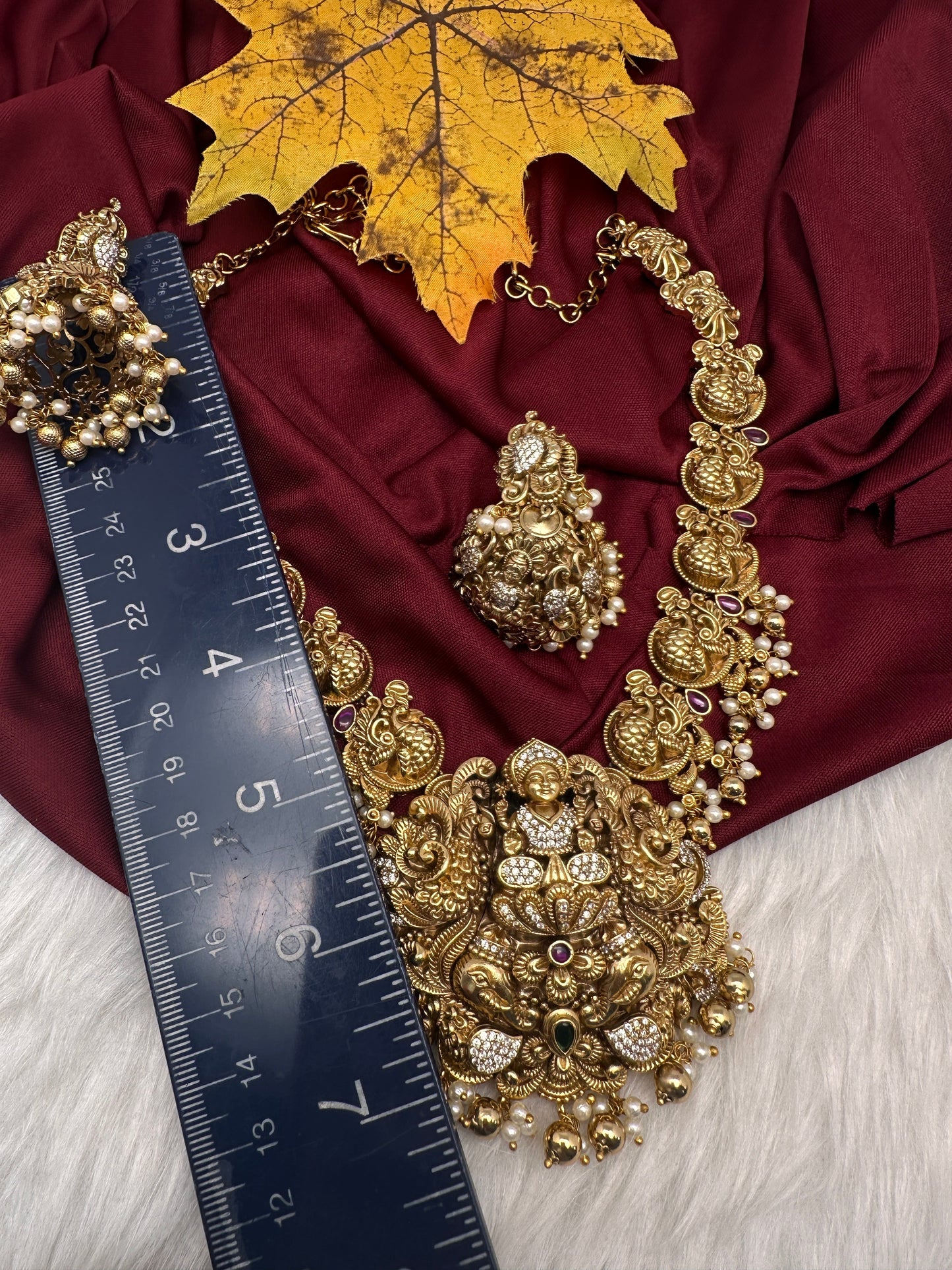 Peacock Goddess Lakshmi Matte Antique Nakshi Short Necklace with jhumkas