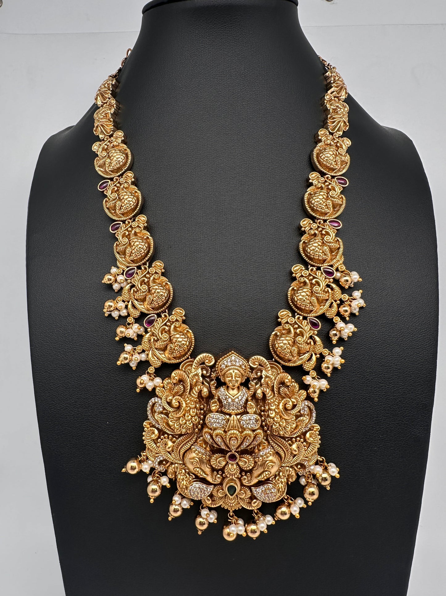 Peacock Goddess Lakshmi Matte Antique Nakshi Short Necklace with jhumkas