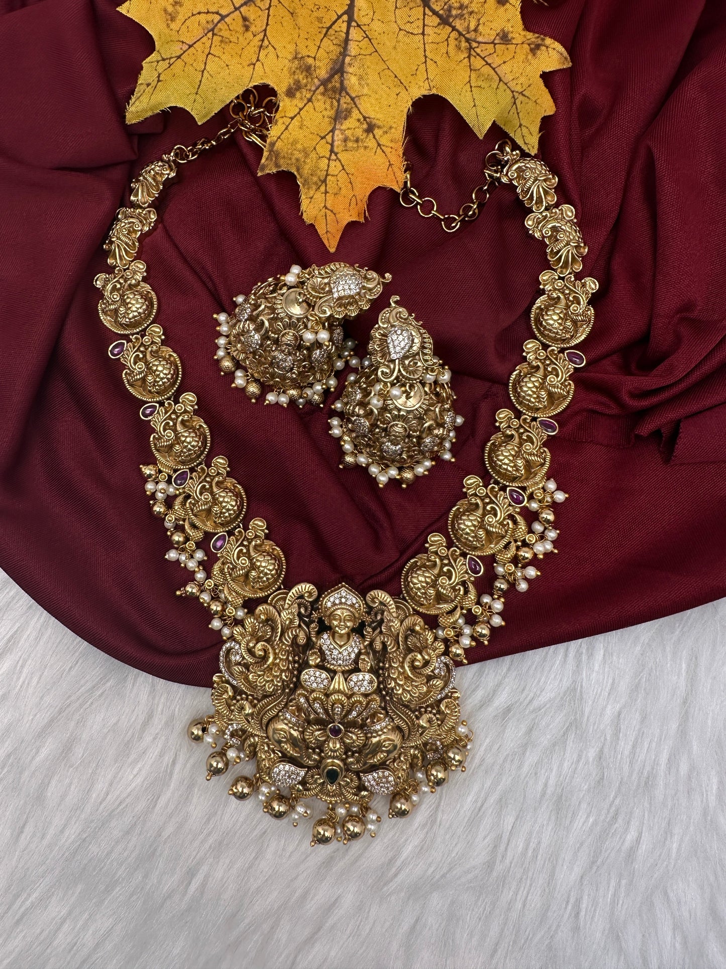 Peacock Goddess Lakshmi Matte Antique Nakshi Short Necklace with jhumkas