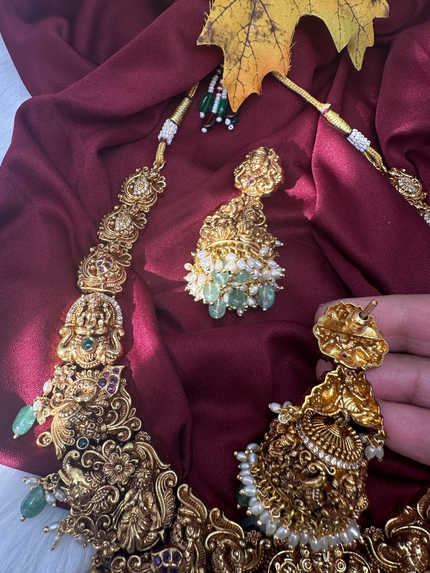 Lord Balaji Goddess Lakshmi Matte Antique Nakshi Short Necklace with jhumkas - 