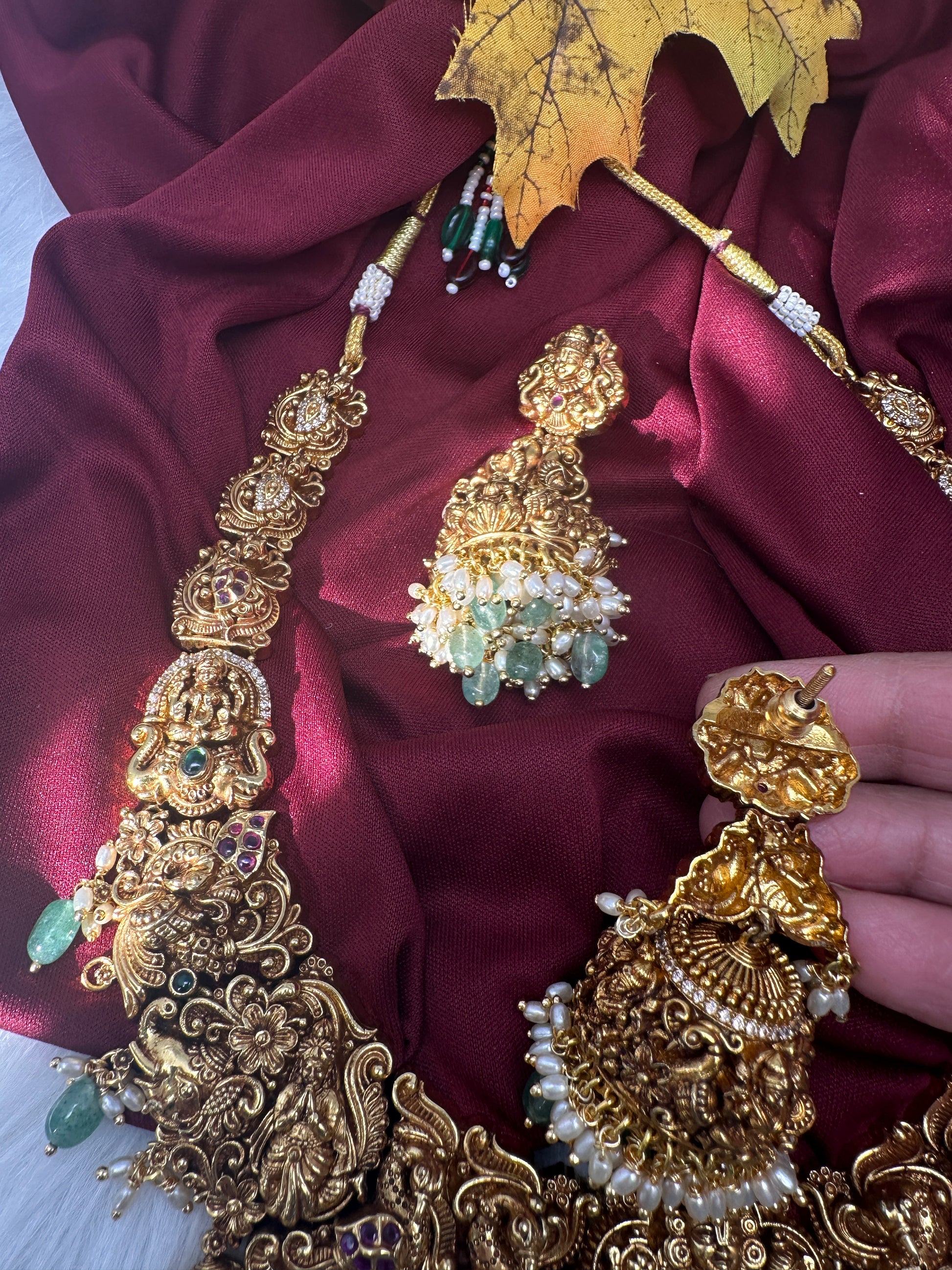 Lord Balaji Goddess Lakshmi Matte Antique Nakshi Short Necklace with jhumkas - 