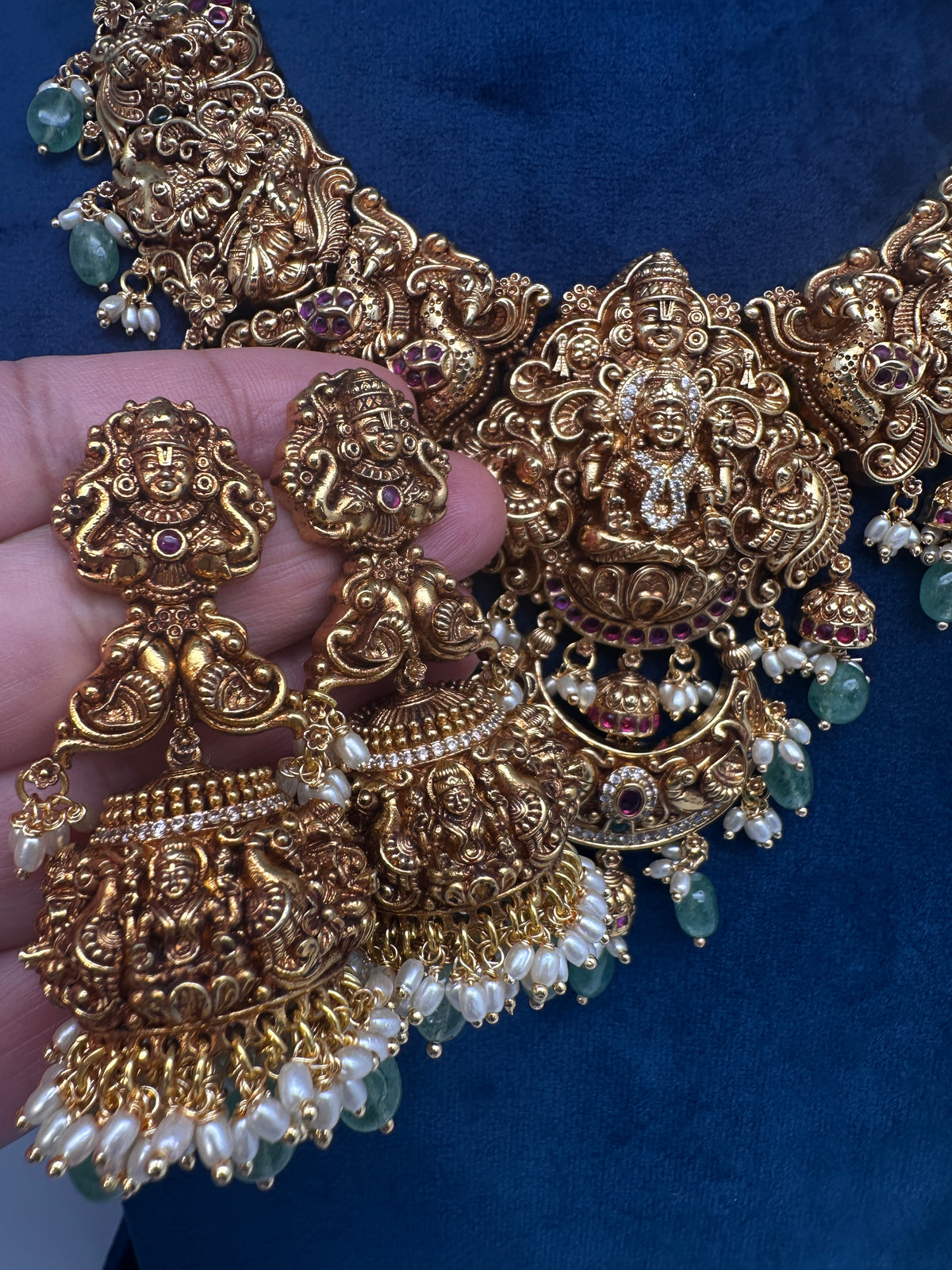 Lord Balaji Goddess Lakshmi Matte Antique Nakshi Short Necklace with jhumkas - 