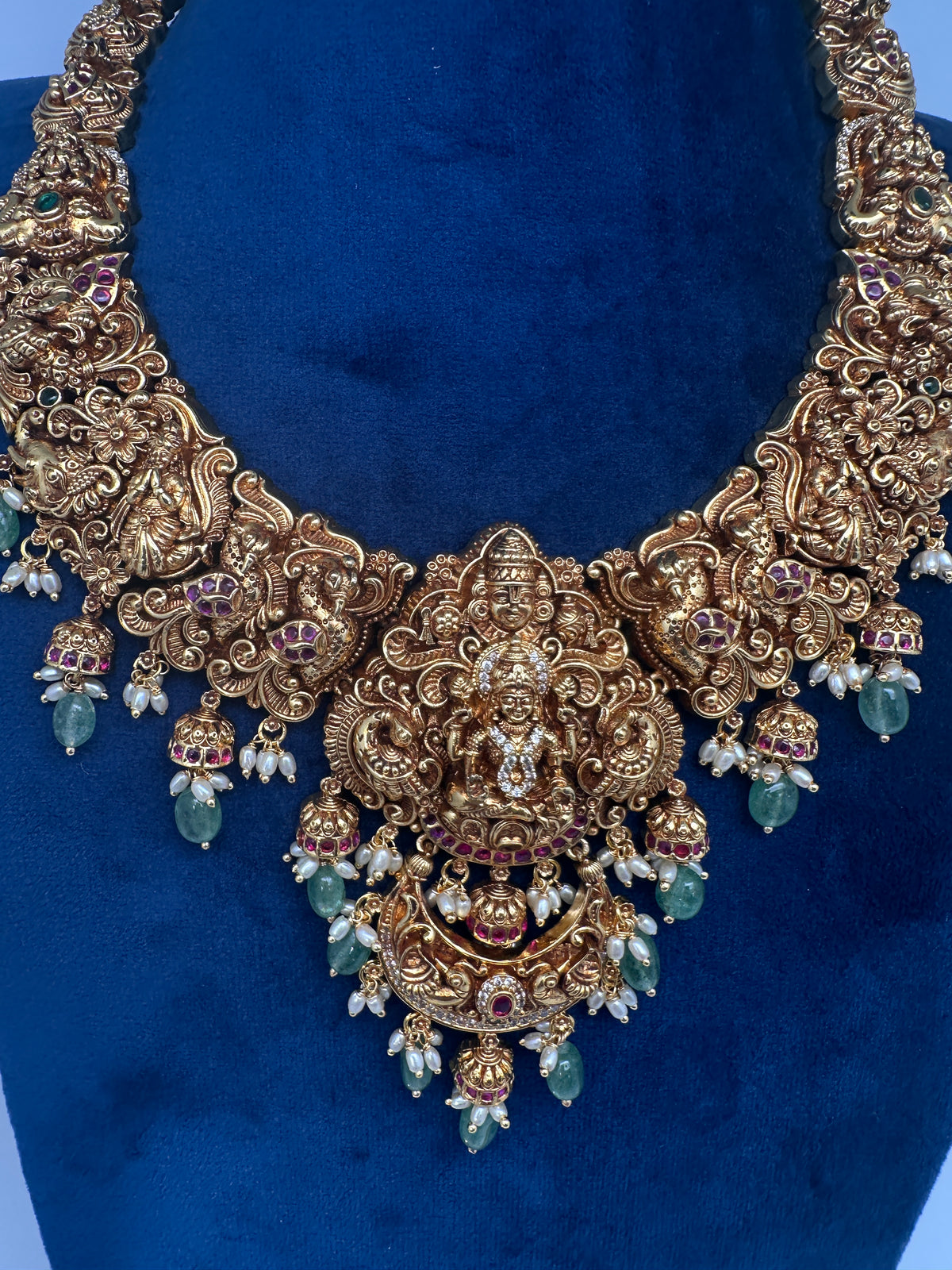 Lord Balaji Goddess Lakshmi Matte Antique Nakshi Short Necklace with jhumkas - 