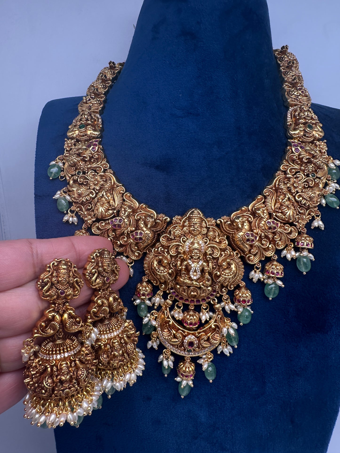 Lord Balaji Goddess Lakshmi Matte Antique Nakshi Short Necklace with jhumkas - 