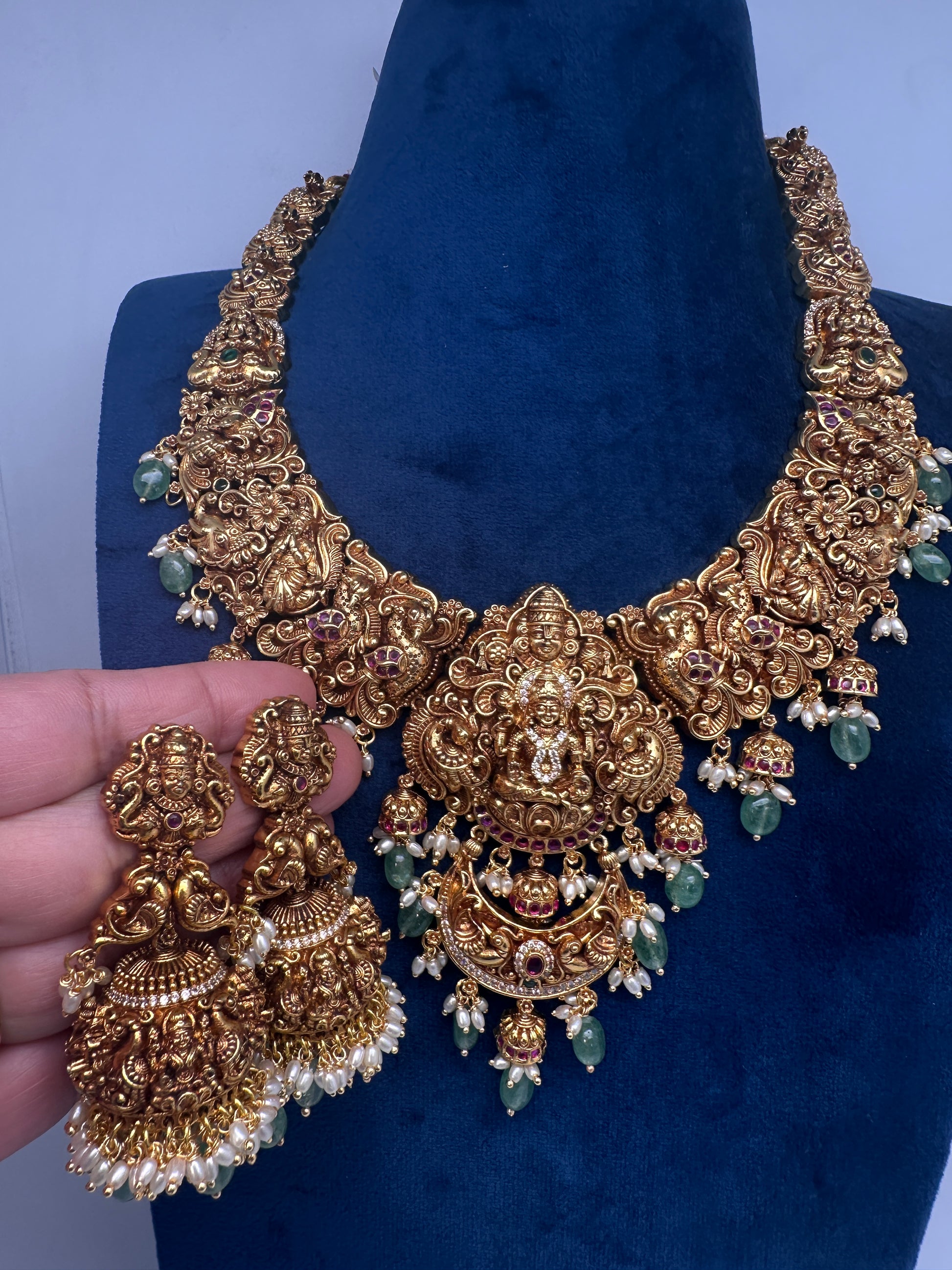 Lord Balaji Goddess Lakshmi Matte Antique Nakshi Short Necklace with jhumkas - 