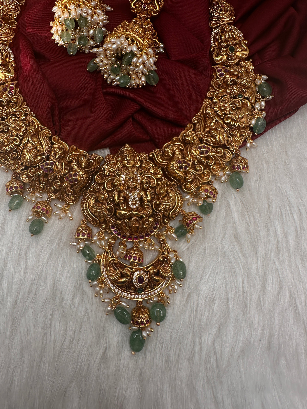 Lord Balaji Goddess Lakshmi Matte Antique Nakshi Short Necklace with jhumkas - 