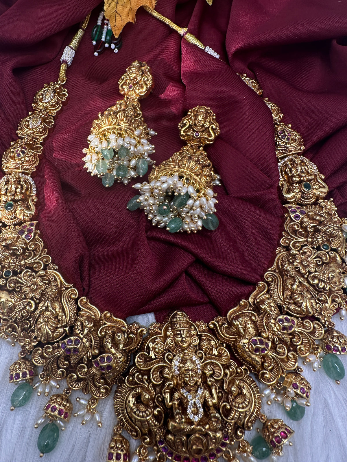 Lord Balaji Goddess Lakshmi Matte Antique Nakshi Short Necklace with jhumkas - 