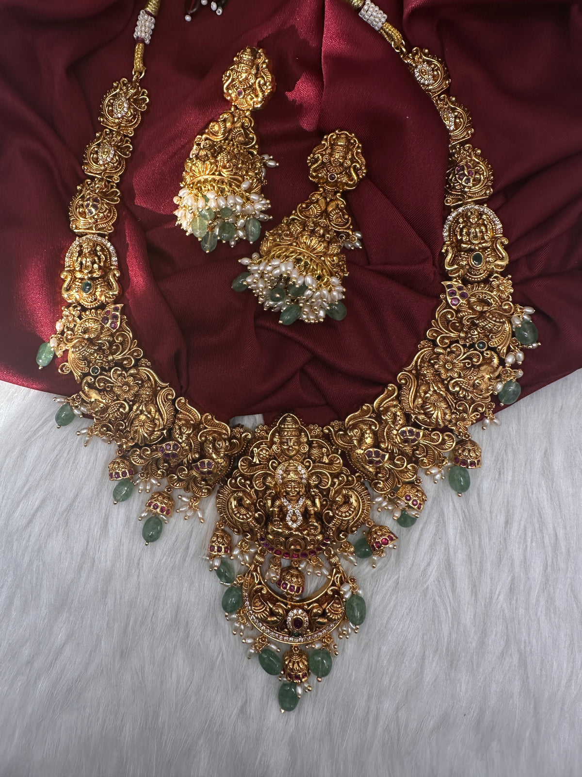 Lord Balaji Goddess Lakshmi Matte Antique Nakshi Short Necklace with jhumkas - 