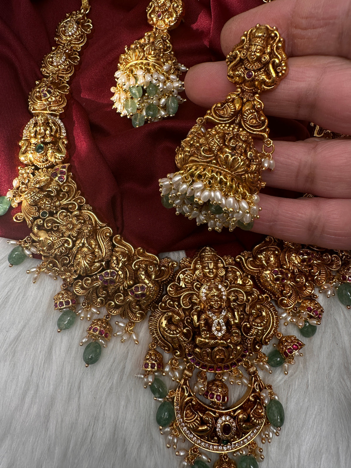 Lord Balaji Goddess Lakshmi Matte Antique Nakshi Short Necklace with jhumkas - 