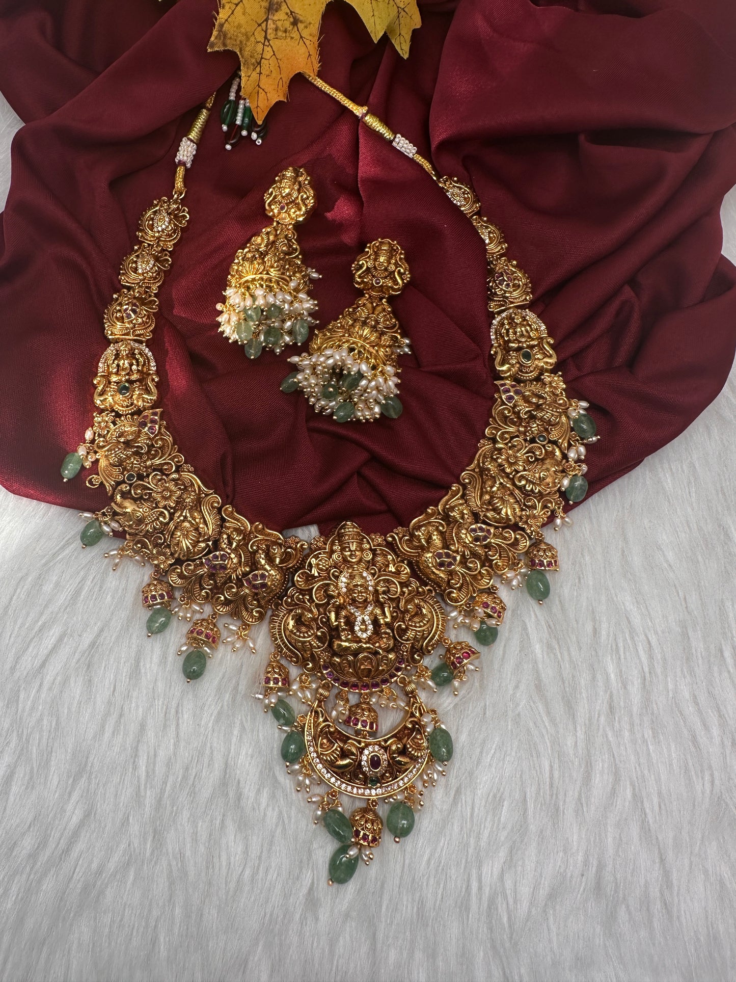 Lord Balaji Goddess Lakshmi Matte Antique Nakshi Short Necklace with jhumkas - 