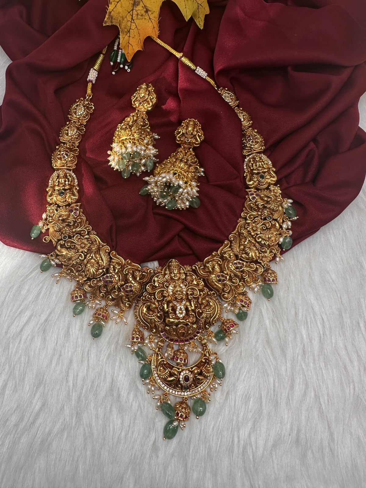 Lord Balaji Goddess Lakshmi Matte Antique Nakshi Short Necklace with jhumkas - 