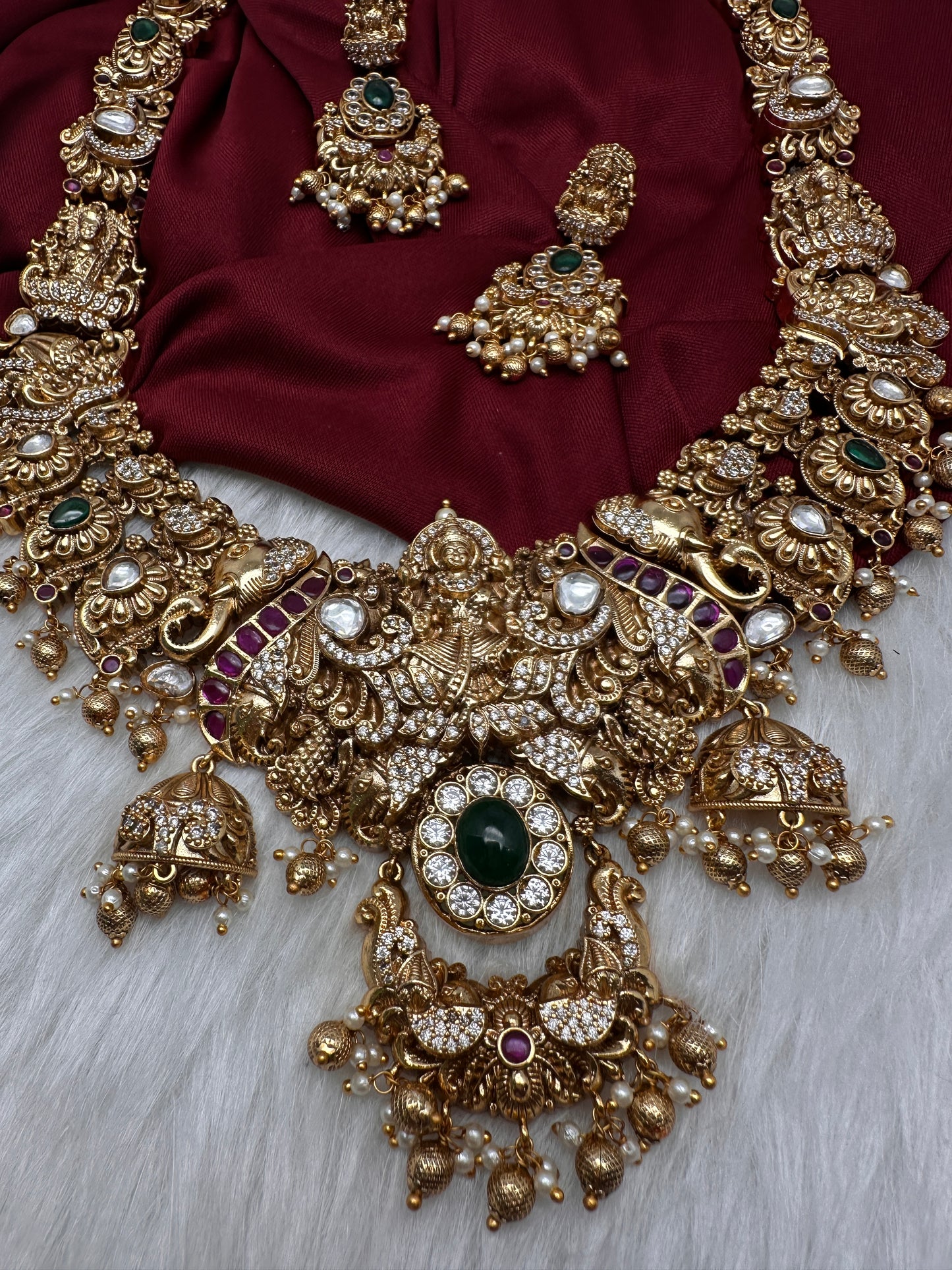 Nakshi Goddess Lakshmi Matte Antique Long Statement Necklace - 
