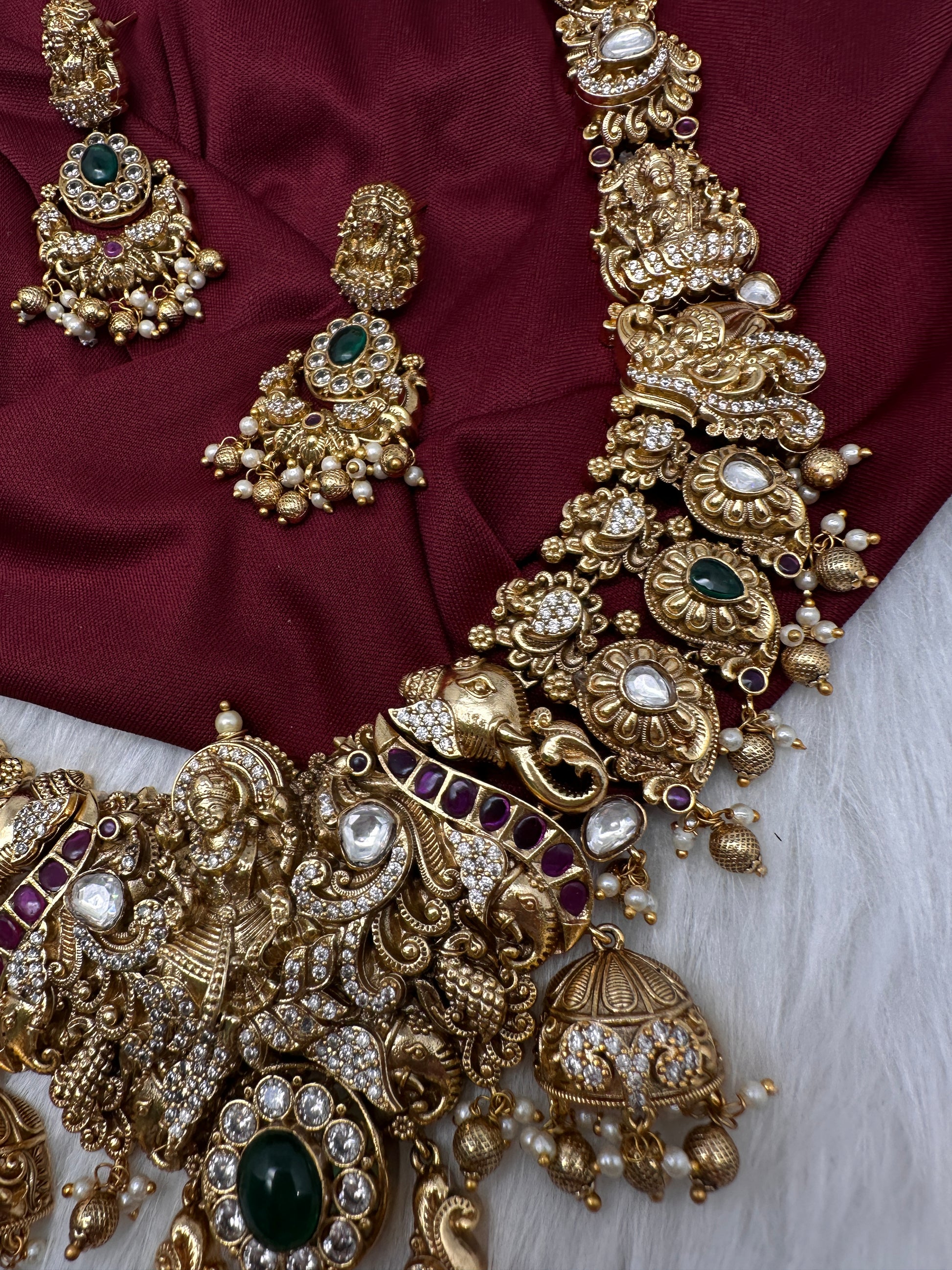 Nakshi Goddess Lakshmi Matte Antique Long Statement Necklace - 