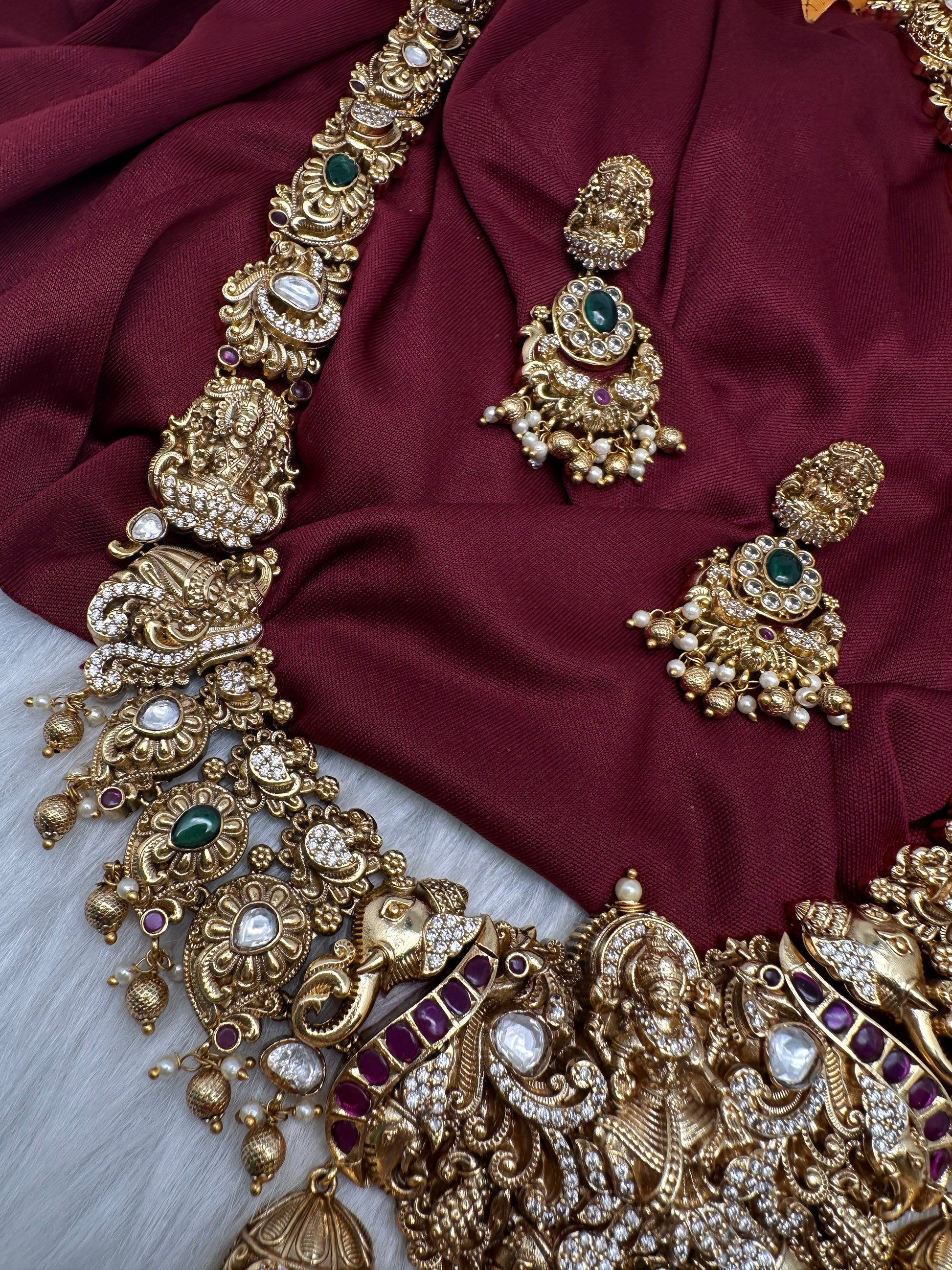 Nakshi Goddess Lakshmi Matte Antique Long Statement Necklace - 