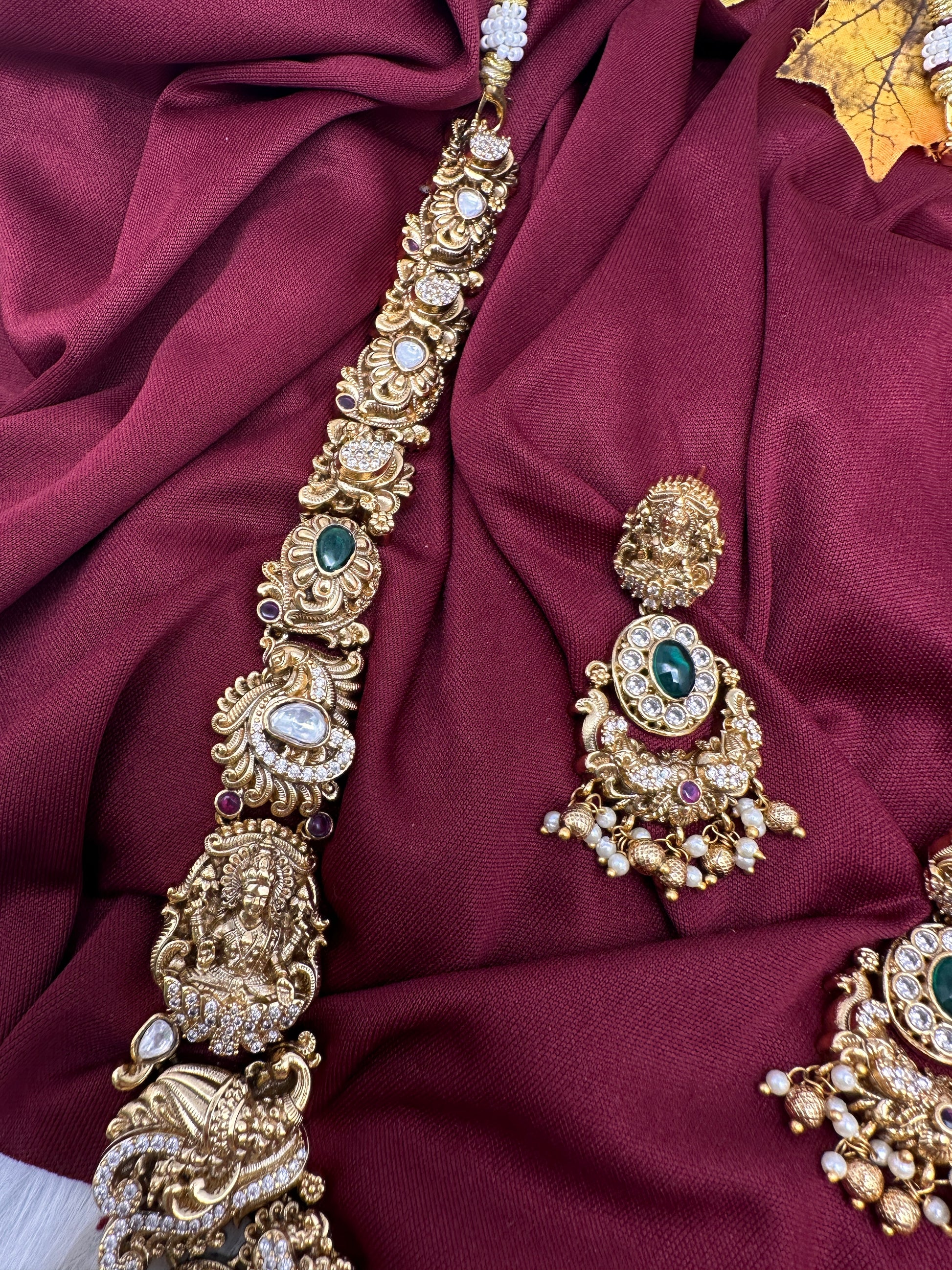 Nakshi Goddess Lakshmi Matte Antique Long Statement Necklace - 