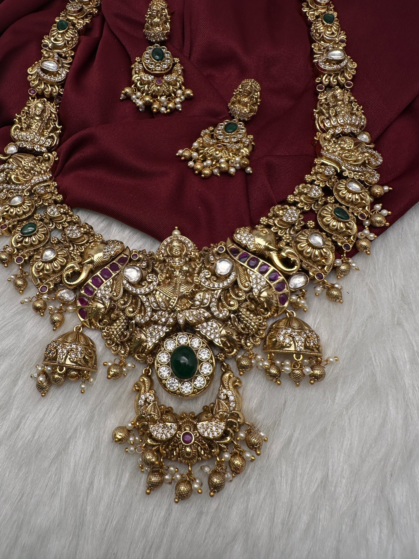 Nakshi Goddess Lakshmi Matte Antique Long Statement Necklace - 