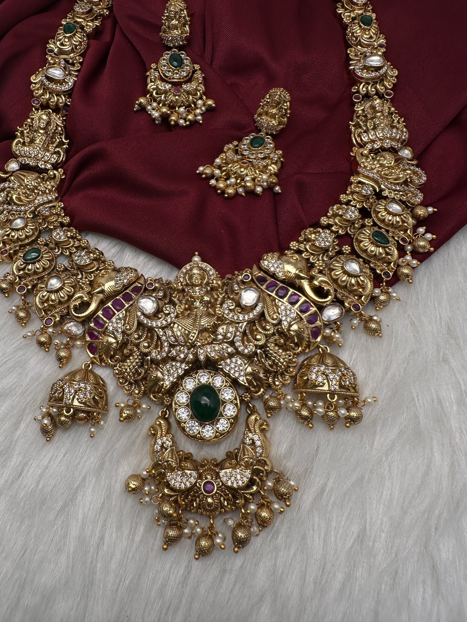 Nakshi Goddess Lakshmi Matte Antique Long Statement Necklace - 