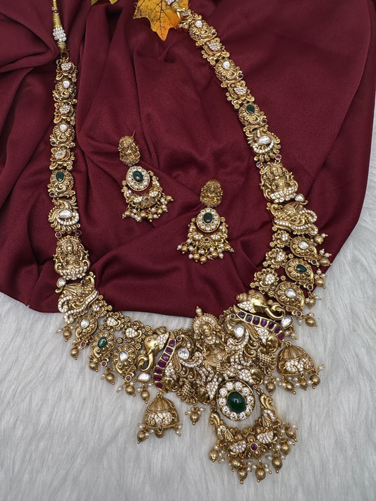 Nakshi Goddess Lakshmi Matte Antique Long Statement Necklace - 