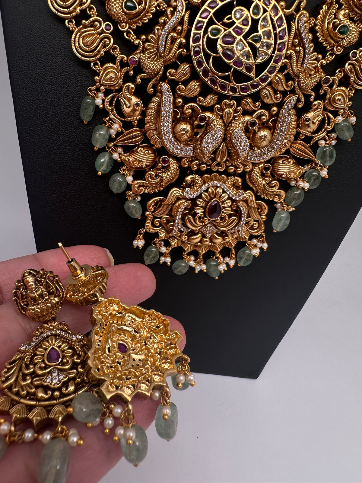 Nakshi Goddess Lakshmi Peacock Matte Antique Mid Length Statement Necklace - 