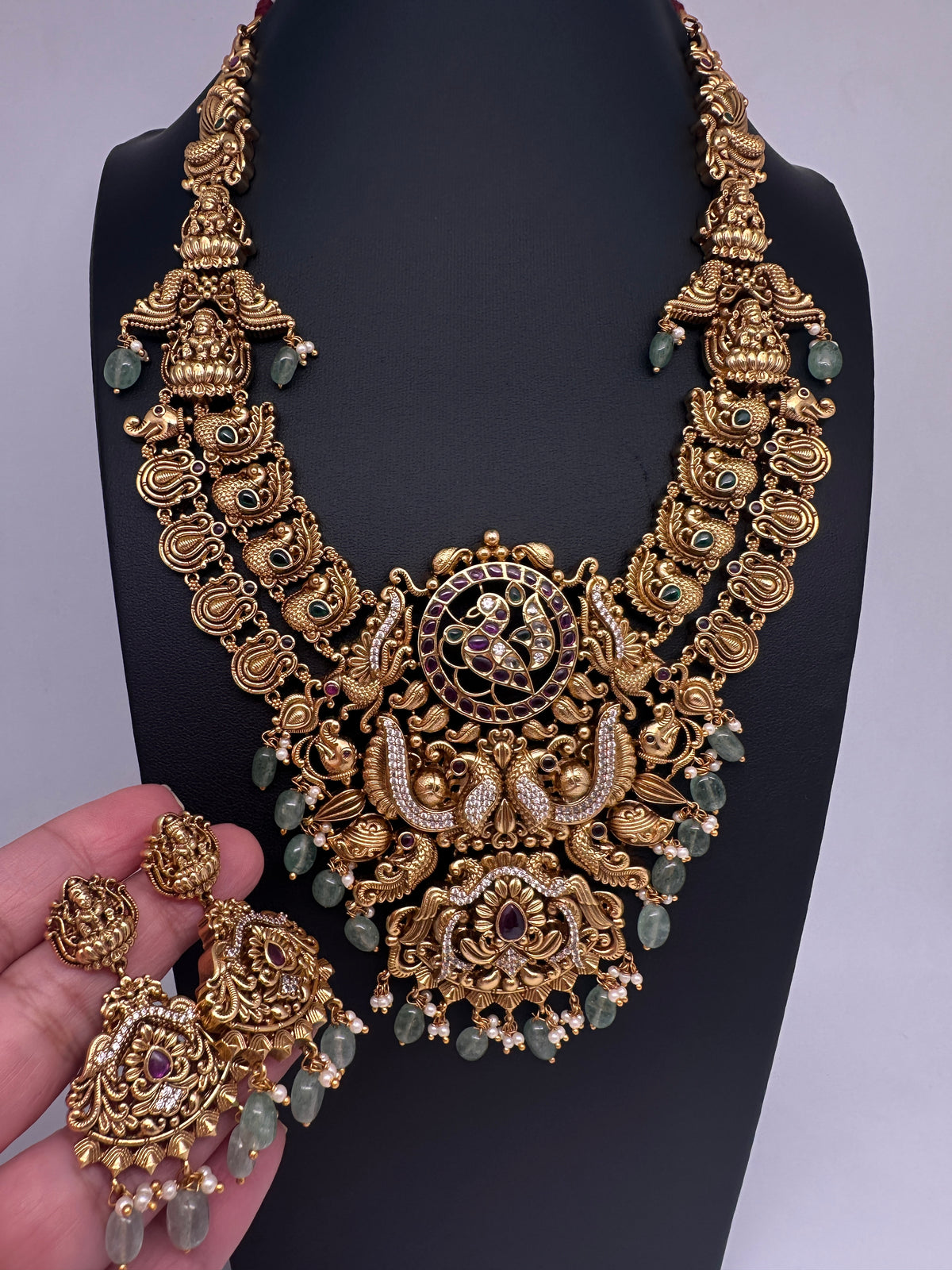 Nakshi Goddess Lakshmi Peacock Matte Antique Mid Length Statement Necklace - 