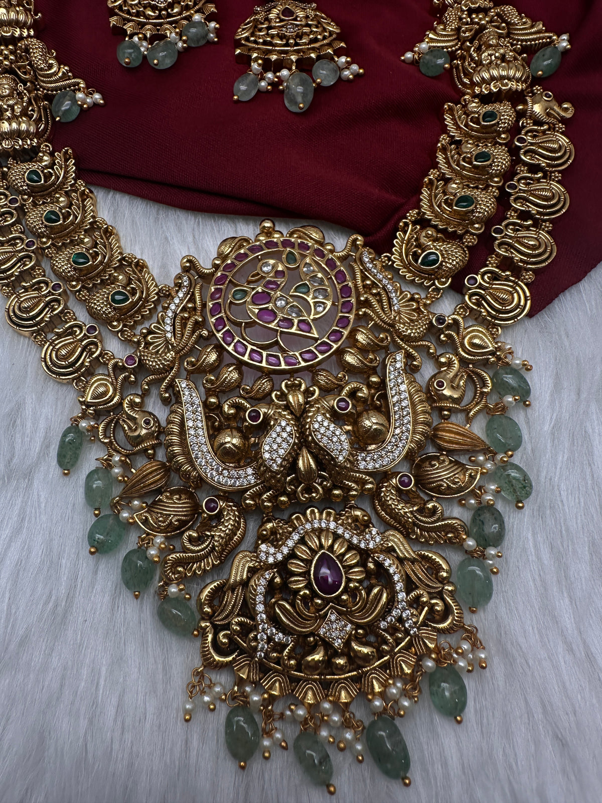 Nakshi Goddess Lakshmi Peacock Matte Antique Mid Length Statement Necklace - 