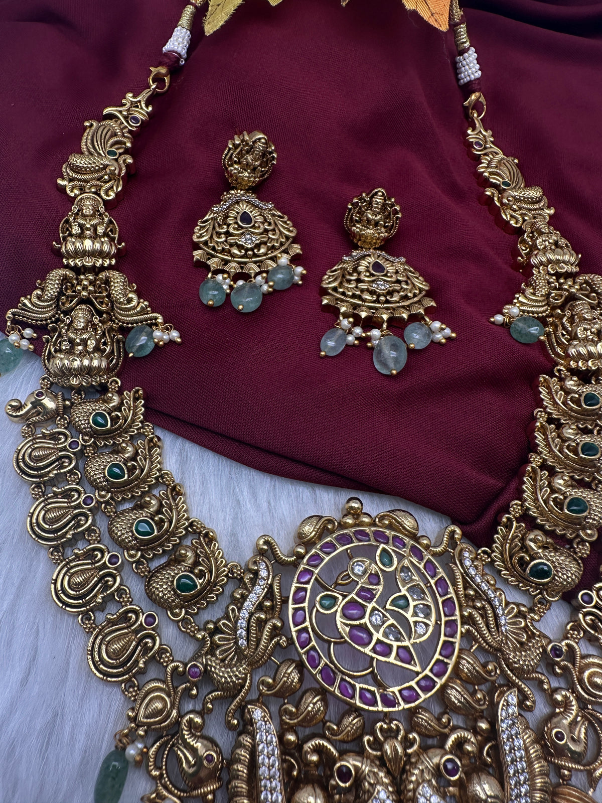 Nakshi Goddess Lakshmi Peacock Matte Antique Mid Length Statement Necklace - 