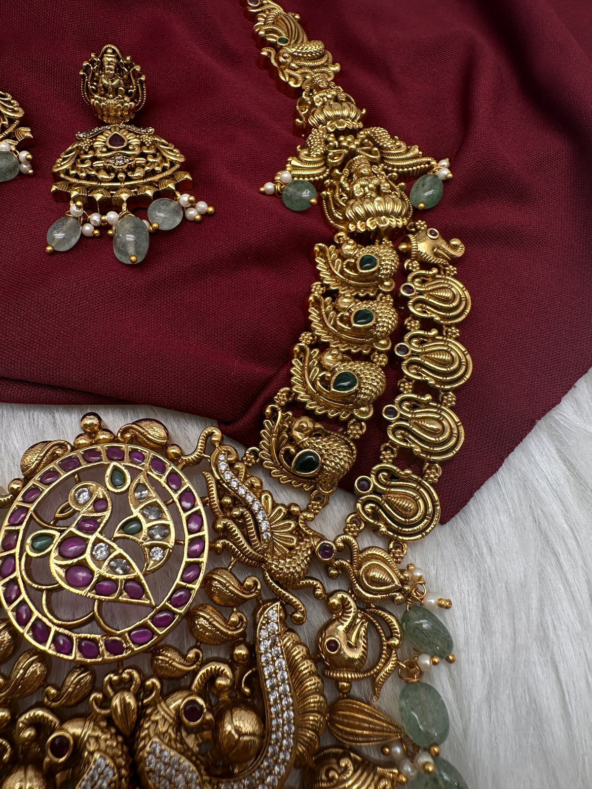 Nakshi Goddess Lakshmi Peacock Matte Antique Mid Length Statement Necklace - 