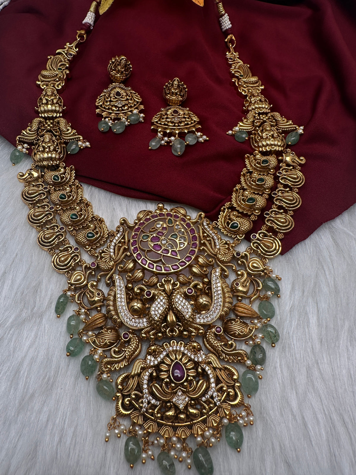 Nakshi Goddess Lakshmi Peacock Matte Antique Mid Length Statement Necklace - 