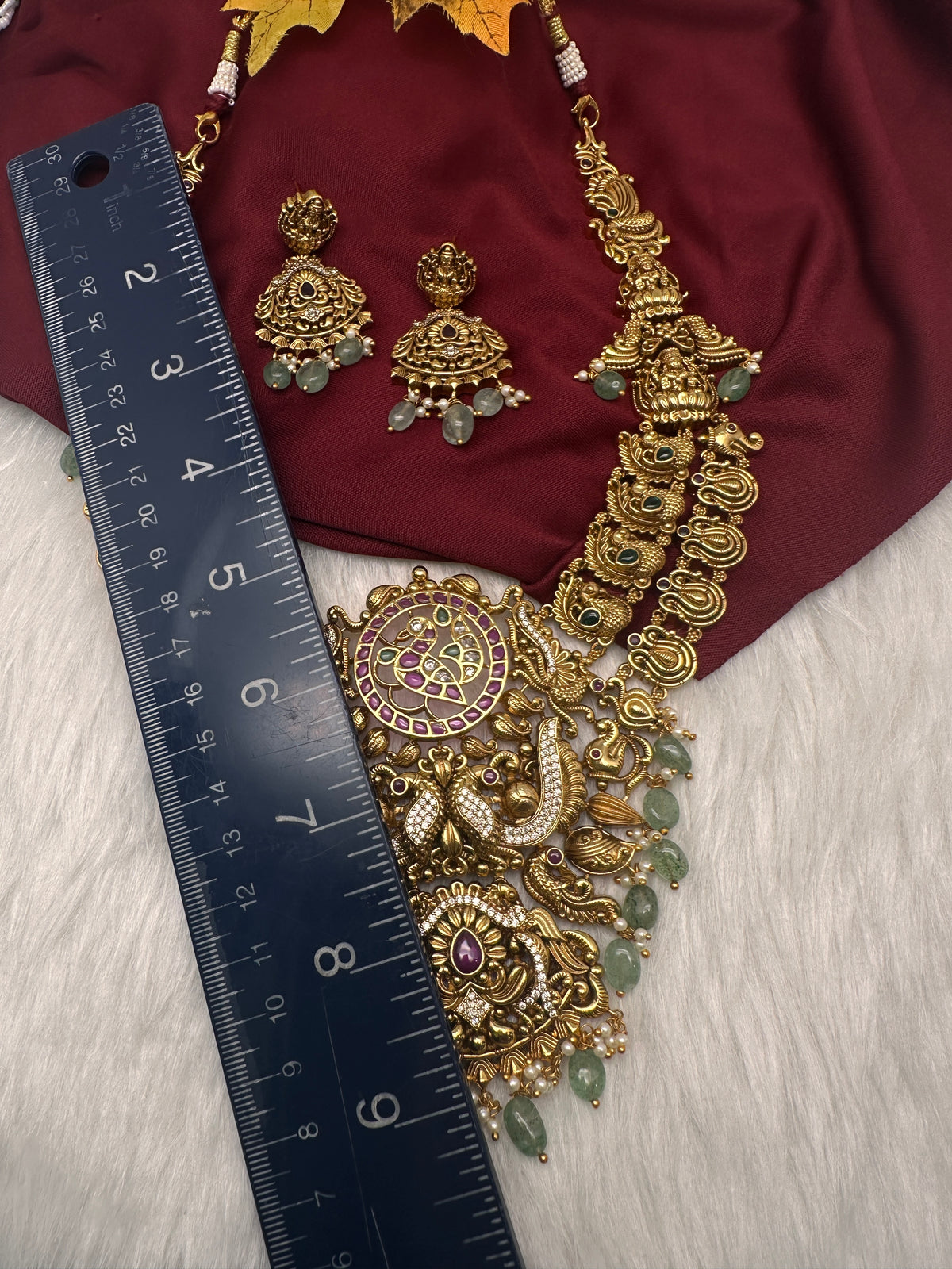 Nakshi Goddess Lakshmi Peacock Matte Antique Mid Length Statement Necklace - 