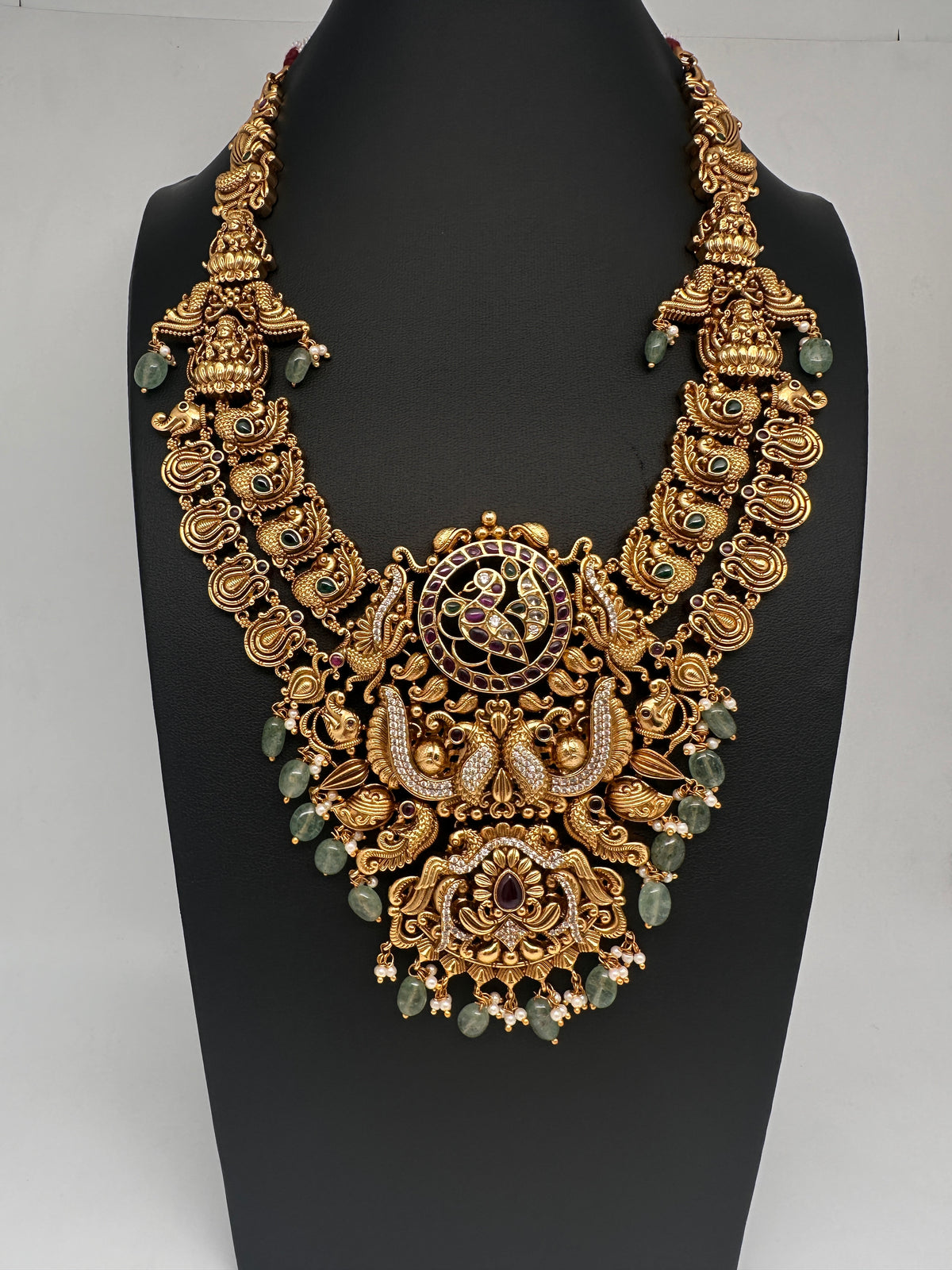 Nakshi Goddess Lakshmi Peacock Matte Antique Mid Length Statement Necklace - 