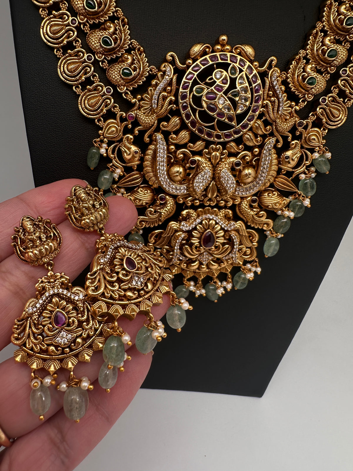 Nakshi Goddess Lakshmi Peacock Matte Antique Mid Length Statement Necklace - 