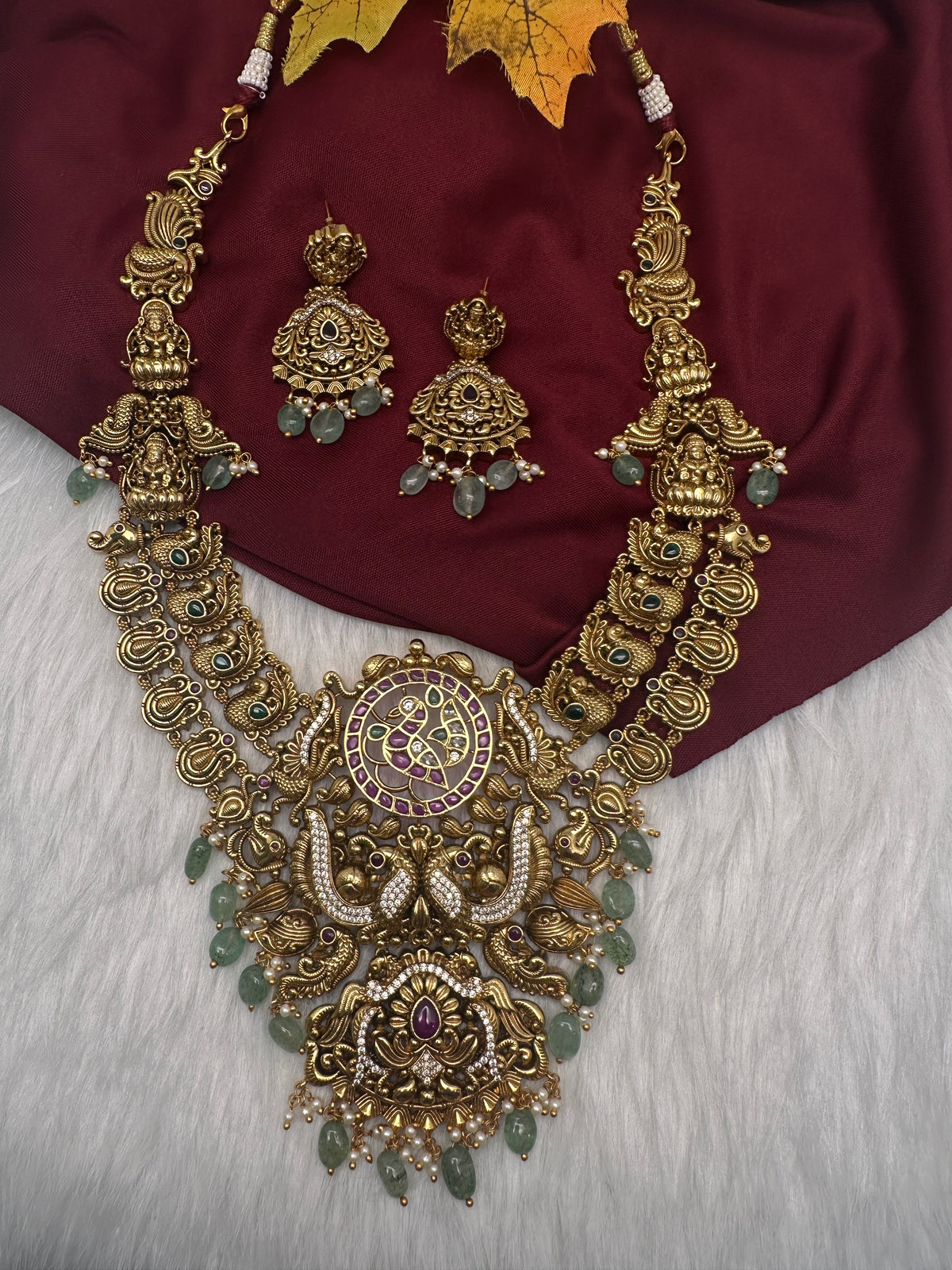 Nakshi Goddess Lakshmi Peacock Matte Antique Mid Length Statement Necklace - 
